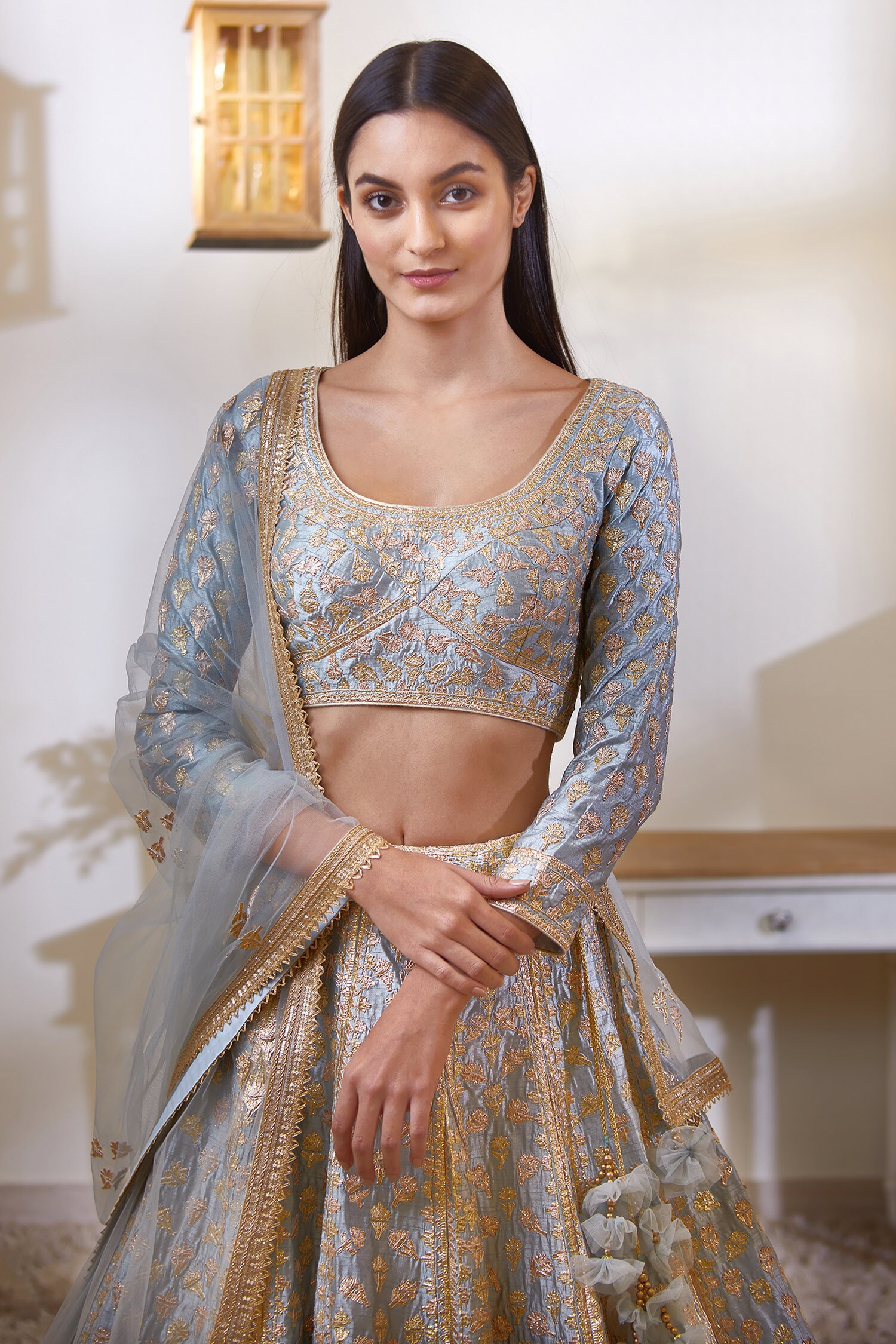 Buy Shyam Narayan Prasad Blue Silk Embellished Lehenga Set Online | Aza ...