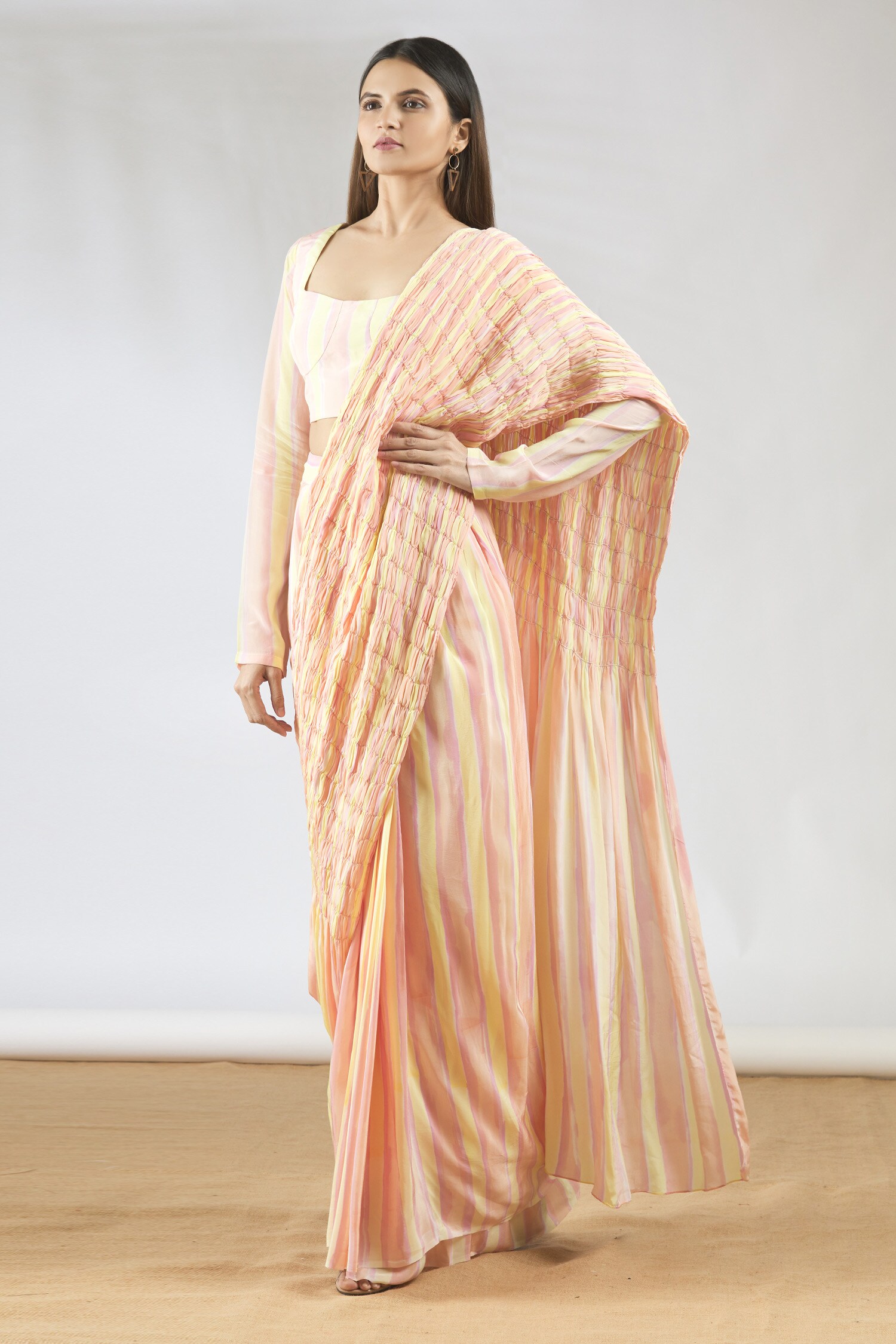 Vedika M Peach Crepe Pre-draped Saree With Blouse