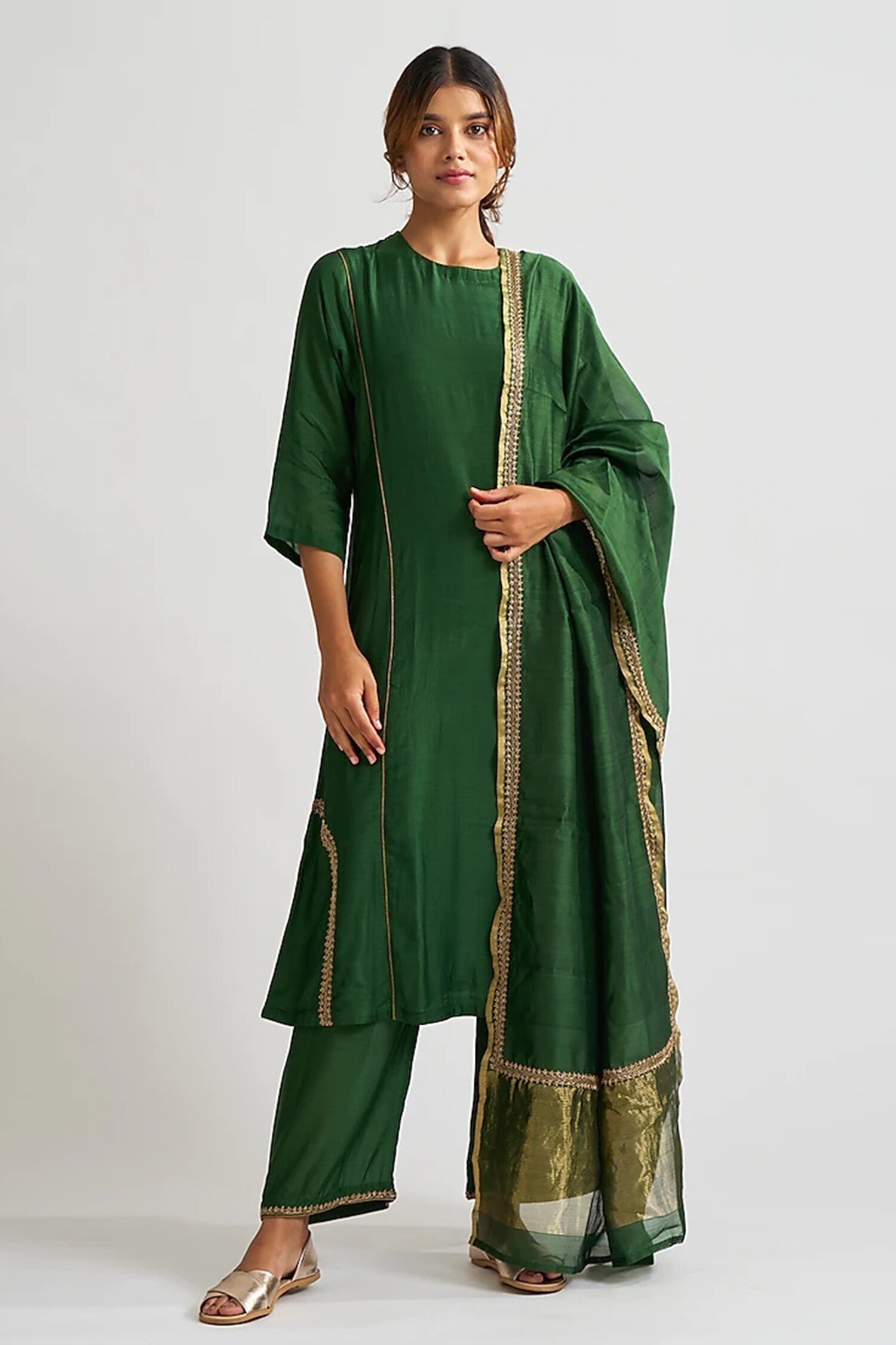 Buy Dot Green Cotton Silk Embroidered Kurta Palazzo Set Online Aza