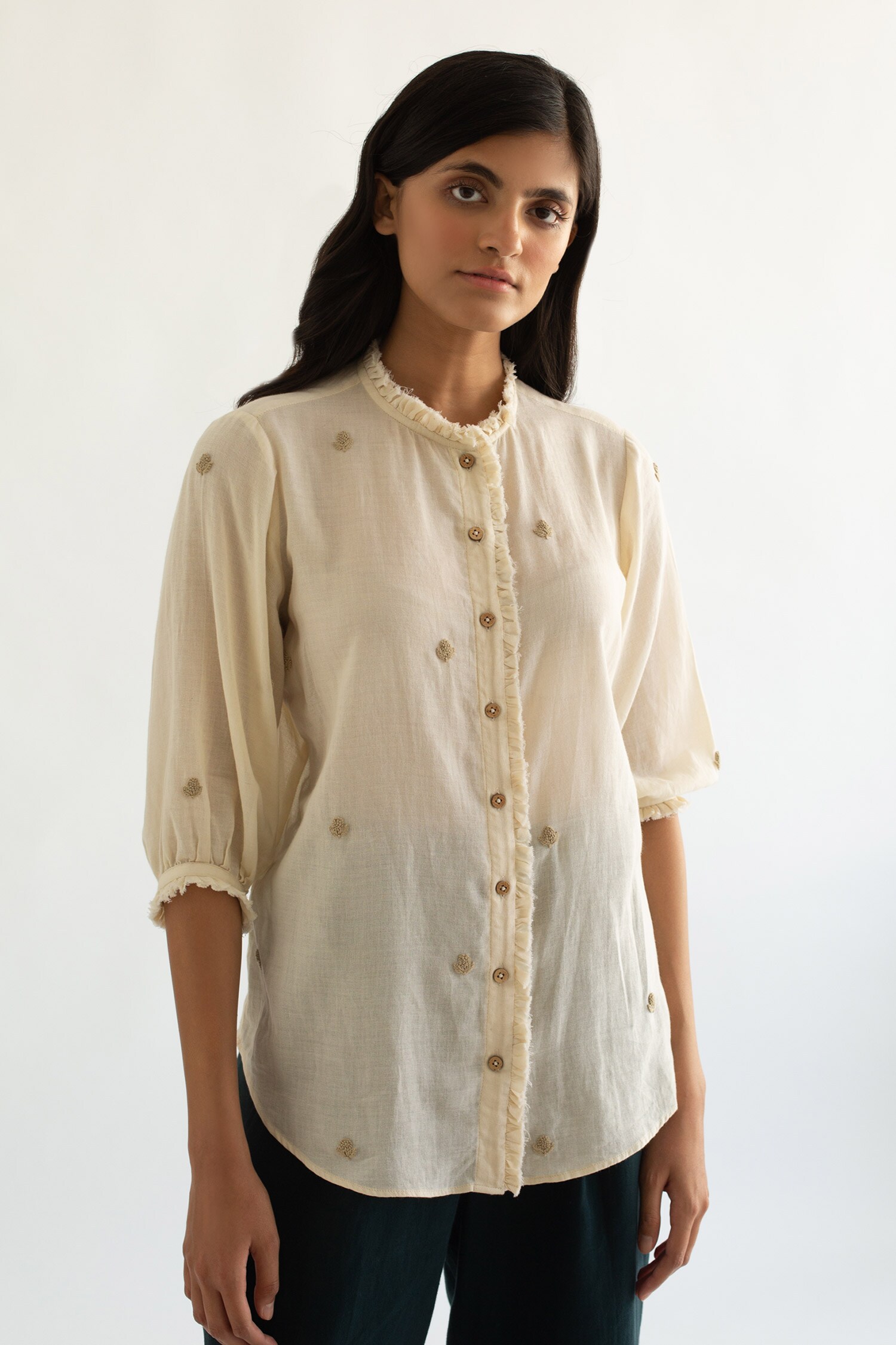 Cord Ivory Cotton Embroidered Shirt