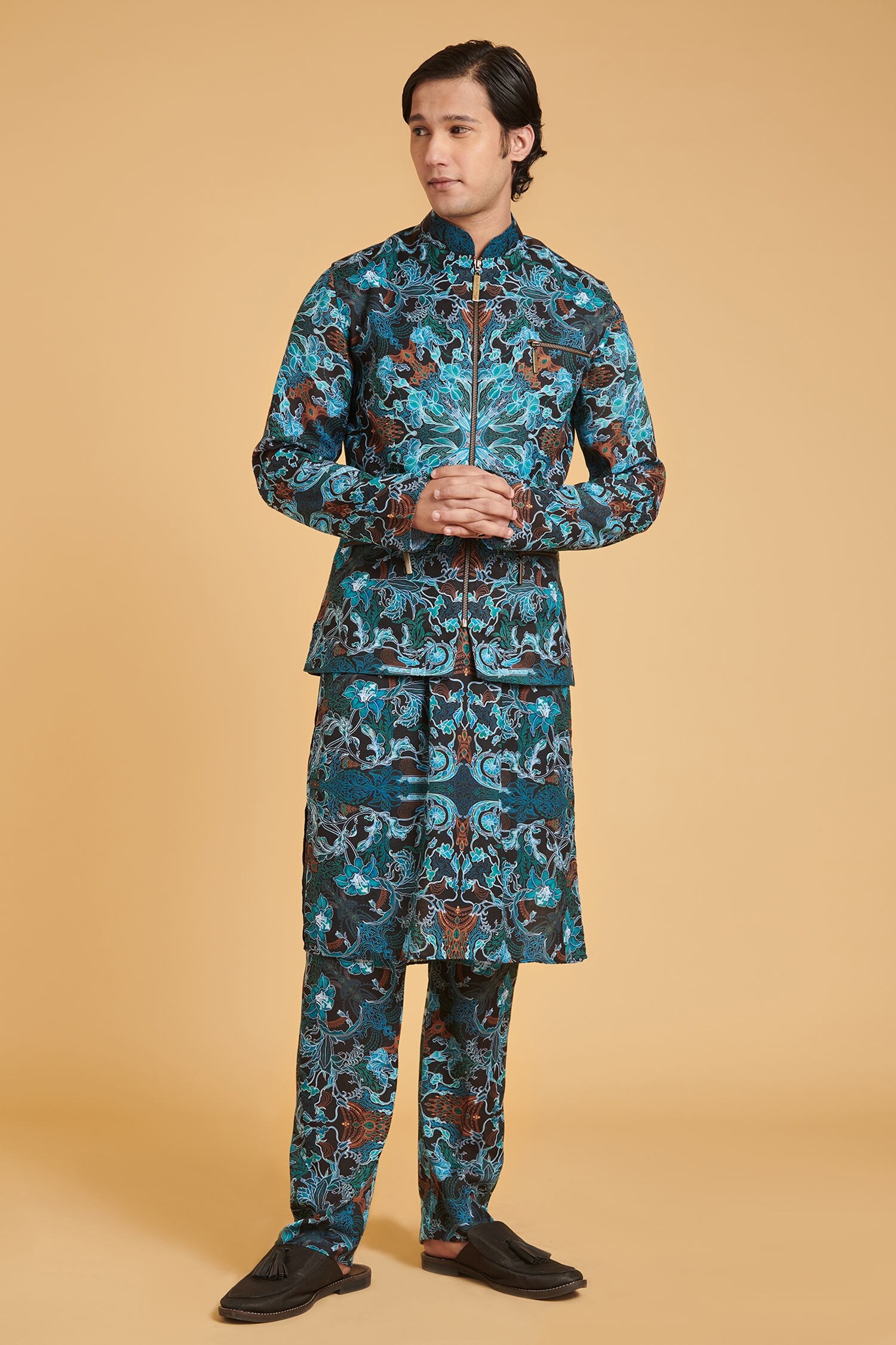 Siddartha Tytler Black Blended Linen Jewel Print Waistcoat And Kurta Set