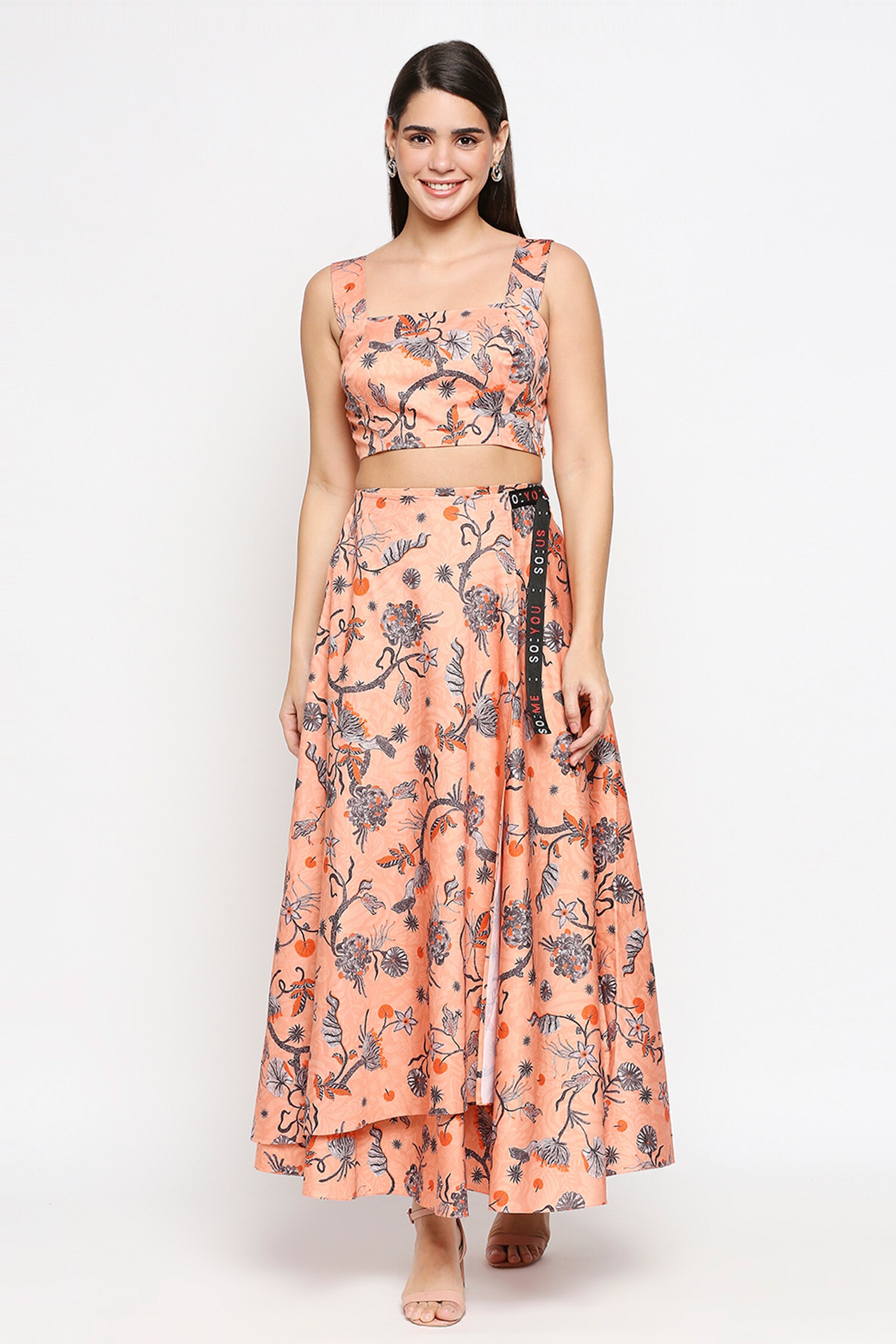 SO US by Sougatpaul Peach Cotton Twill Printed Top And Skirt Set