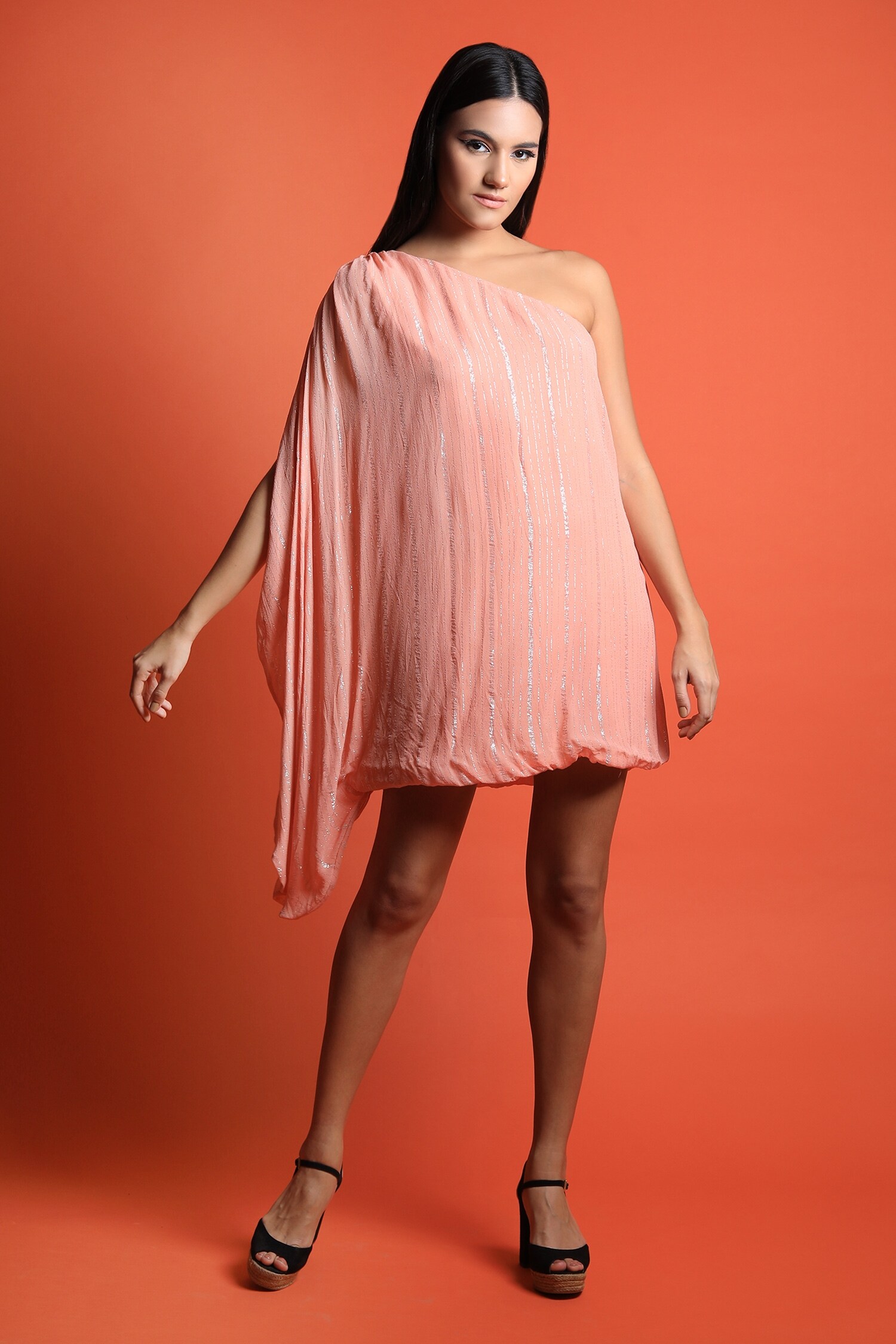 Swatee Singh Peach Georgette One Shoulder Dress