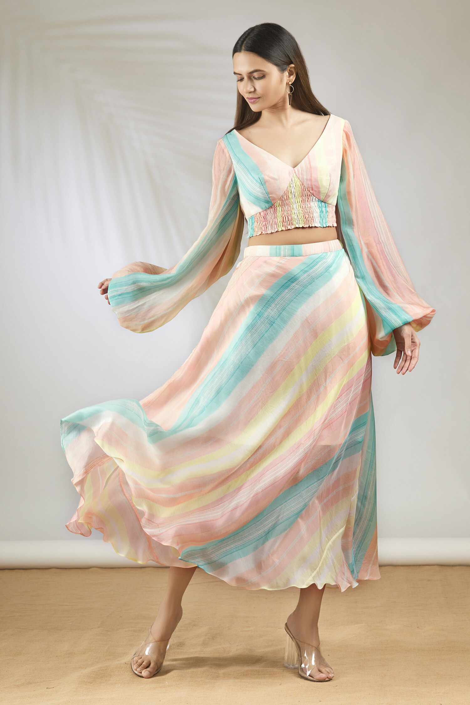 Vedika M Peach Crepe Hand Painted Skirt Set