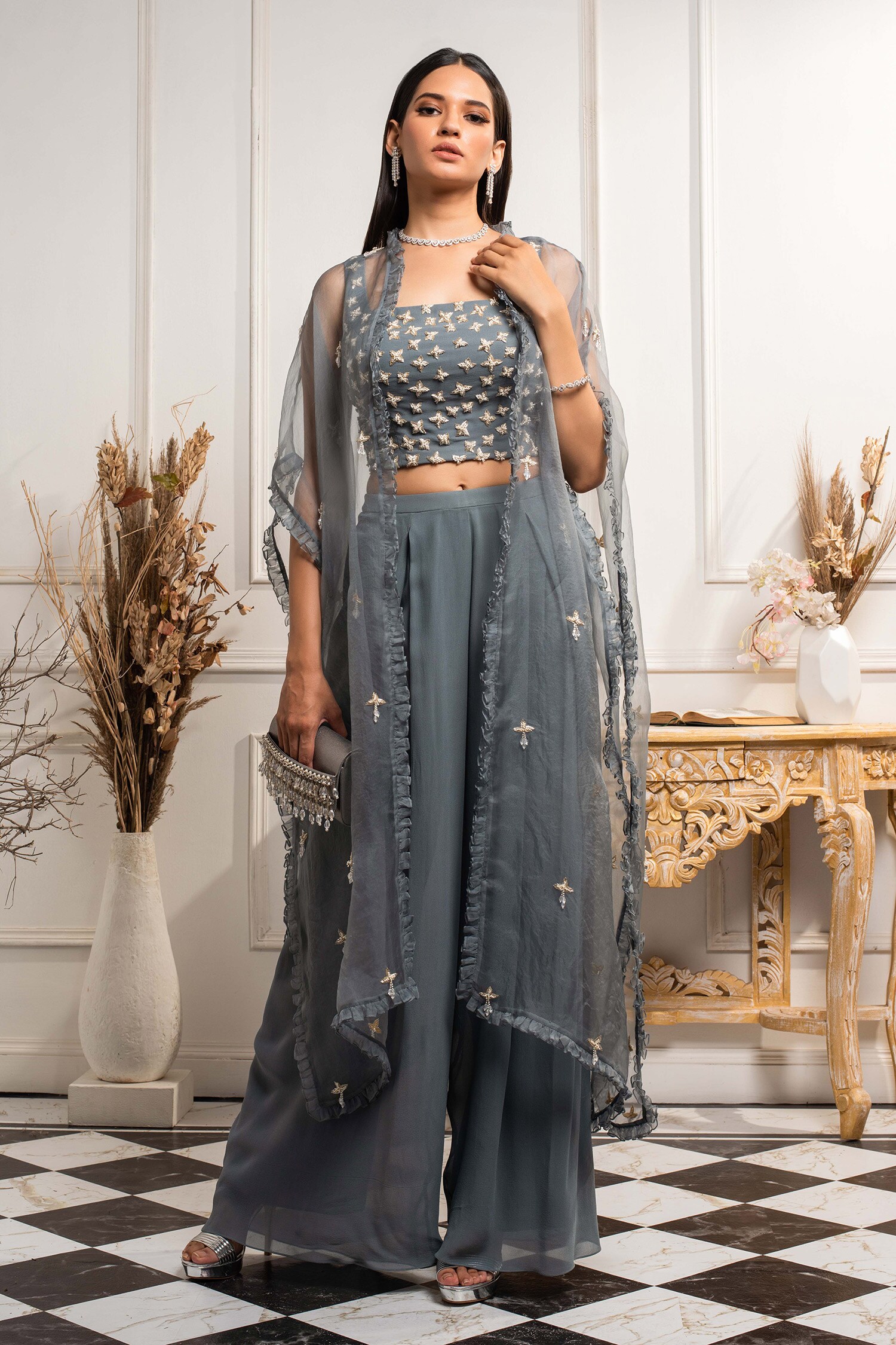 Buy Seema Thukral Blue Pure Georgette Embroidered Pant Set With Organza ...