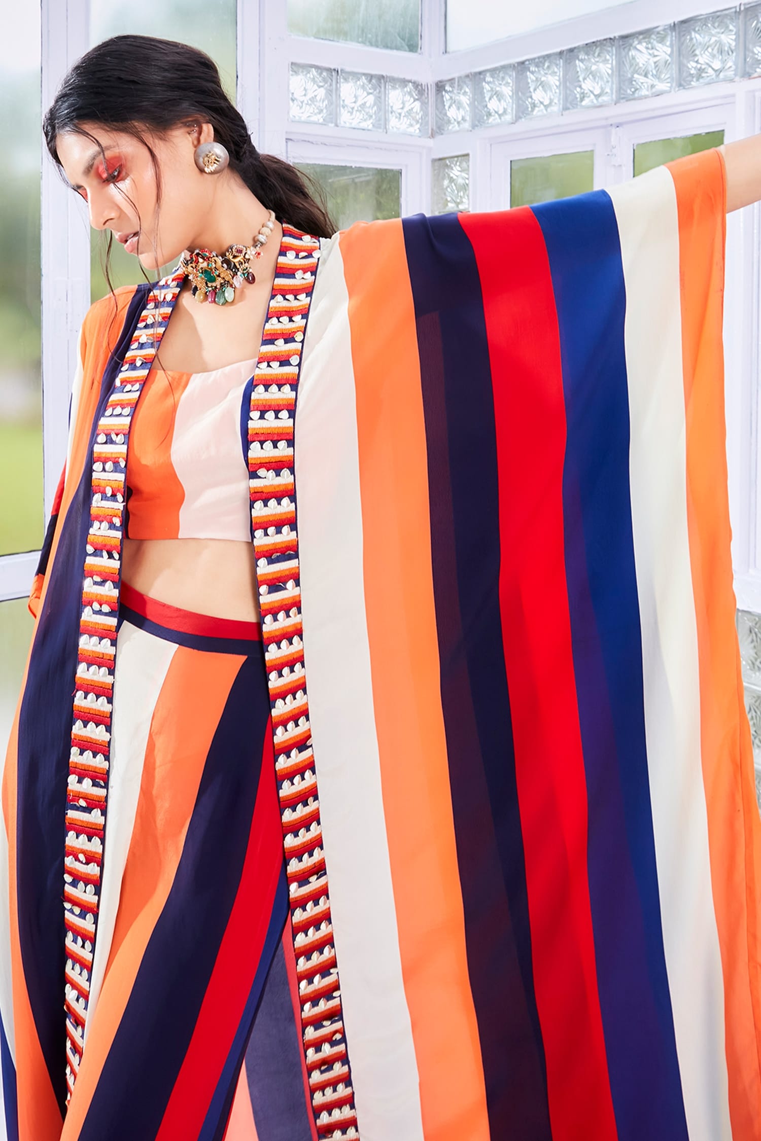 SVA by Sonam & Paras Modi Multi Color Crepe Silk Stripe Print Cape And Palazzo Set