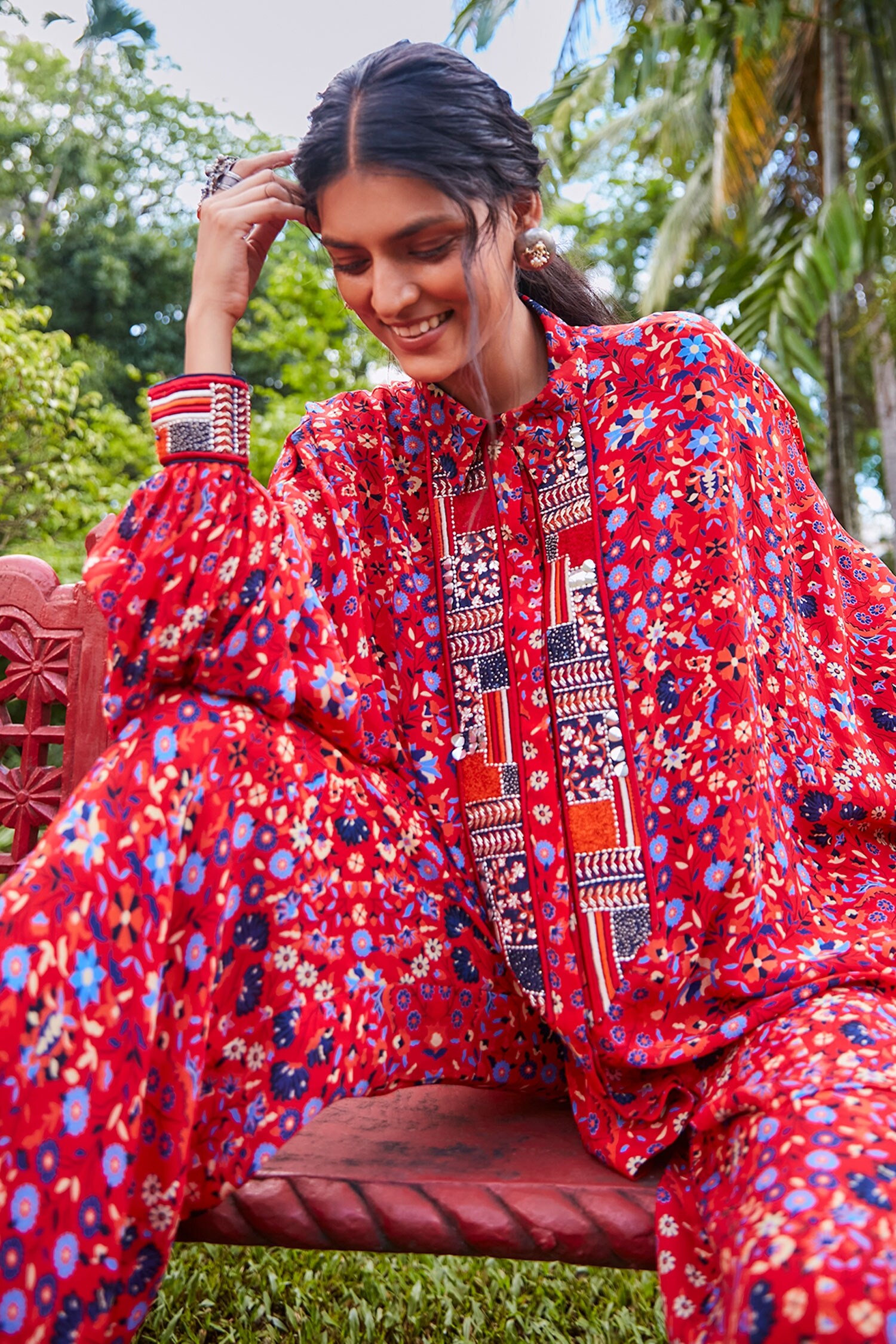 SVA by Sonam & Paras Modi Red Crepe Silk Floral Print Shirt And Pant Set