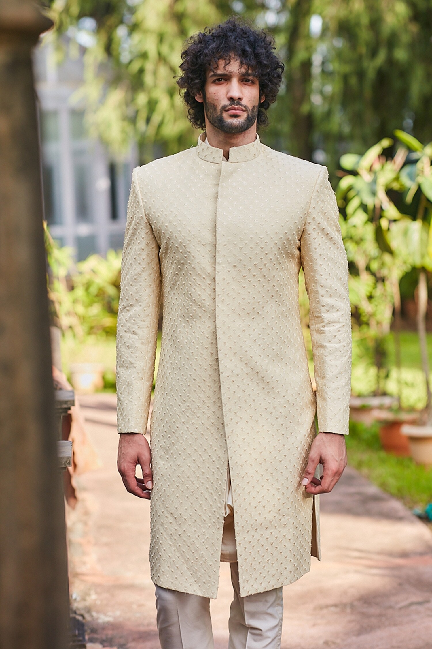 SVA by Sonam & Paras Modi Beige Silk Floral Embroidered Sherwani Set