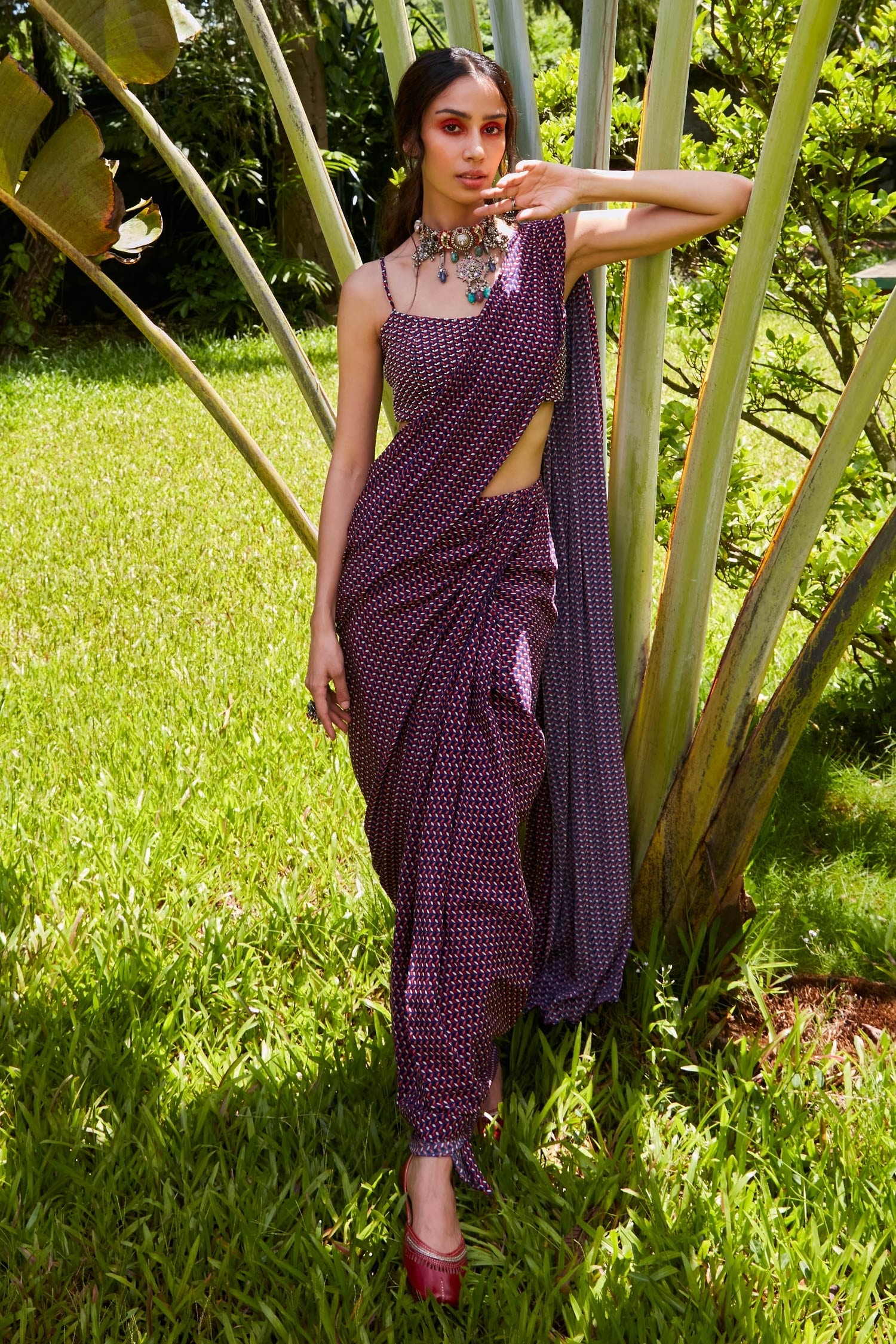 SVA by Sonam & Paras Modi Blue Crepe Silk Printed Pre-draped Saree With Blouse