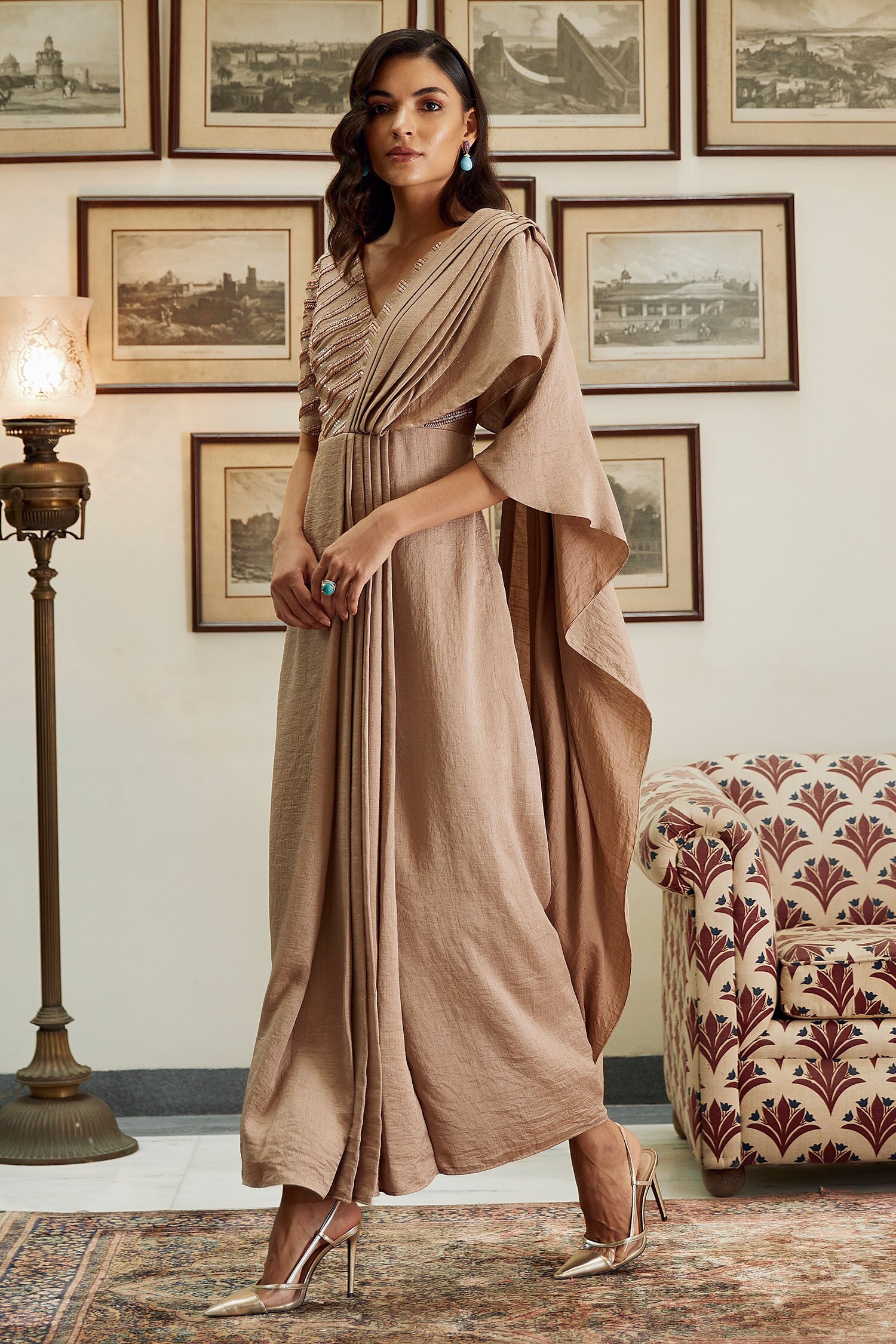 Twinkle Hanspal Beige Embroidered Silk Saree Gown