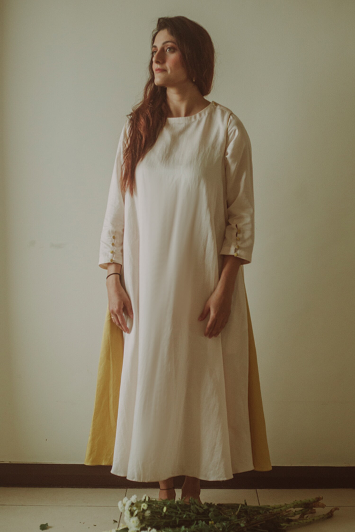 TIL Peach Cotton Silk Satin Colorblock A-line Dress