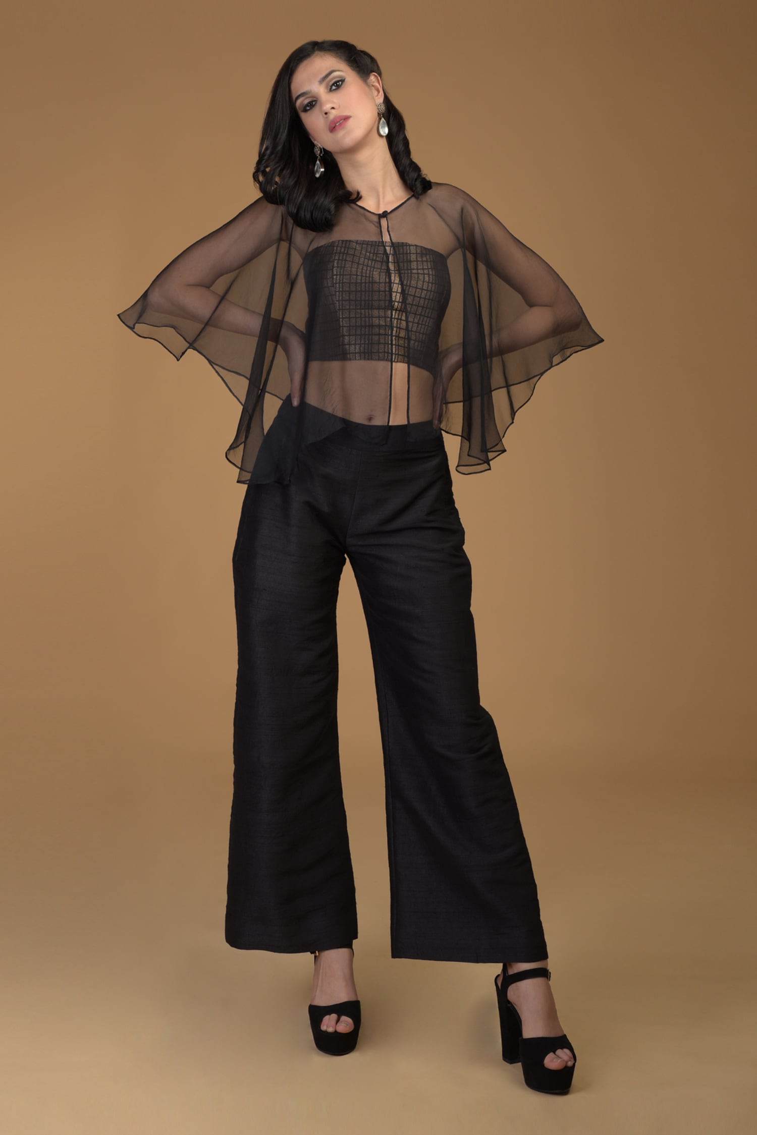 Talking Threads Black Silk Brocade Cape Top And Pant Set
