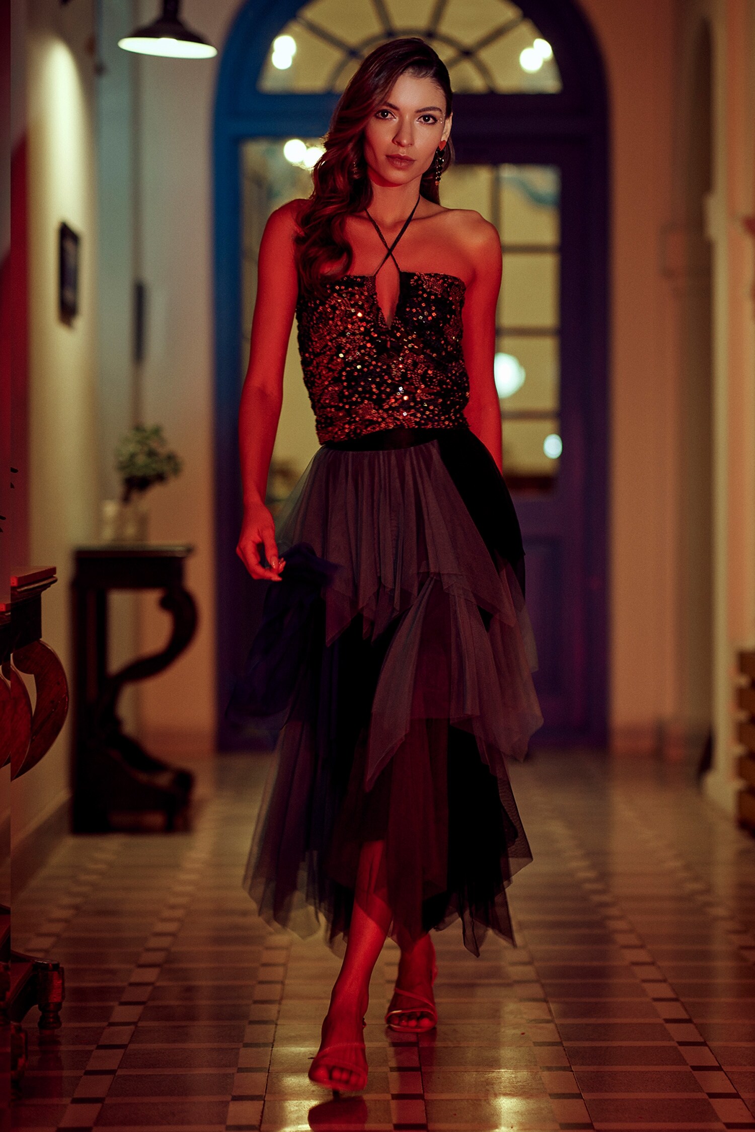 Verb by Pallavi Singhee Multi Color Tulle Layered Asymmetric Skirt