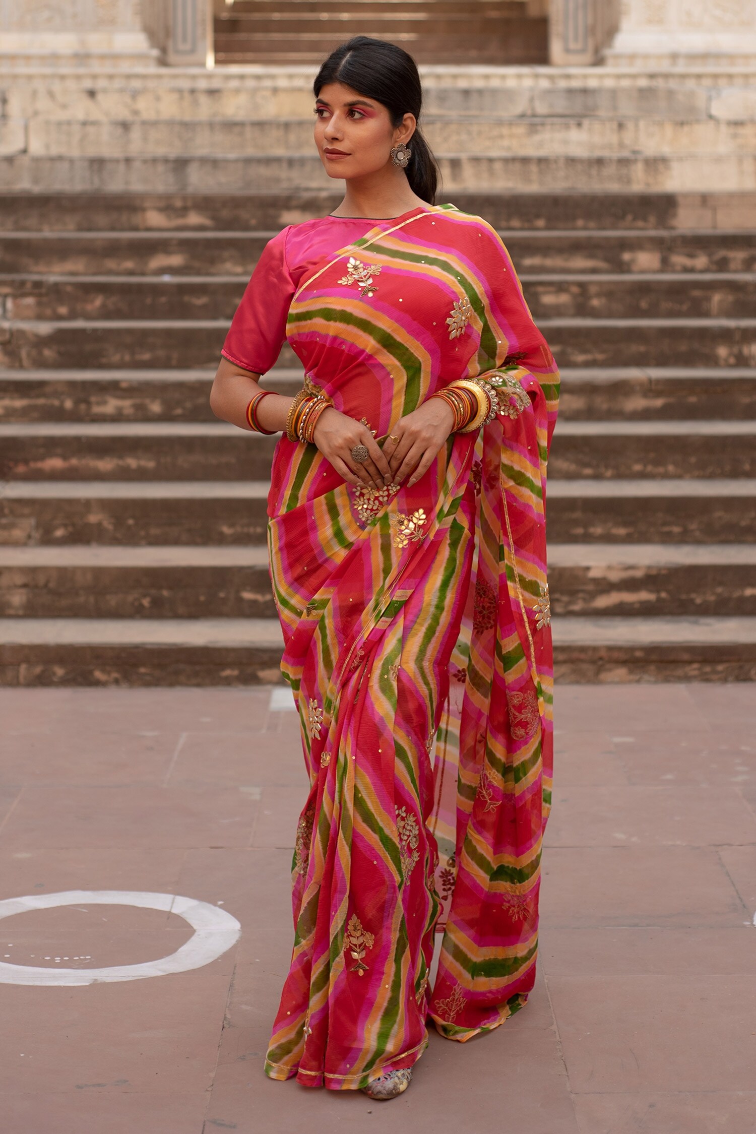 Ruar India Pink Chiffon Leheriya Saree With Blouse