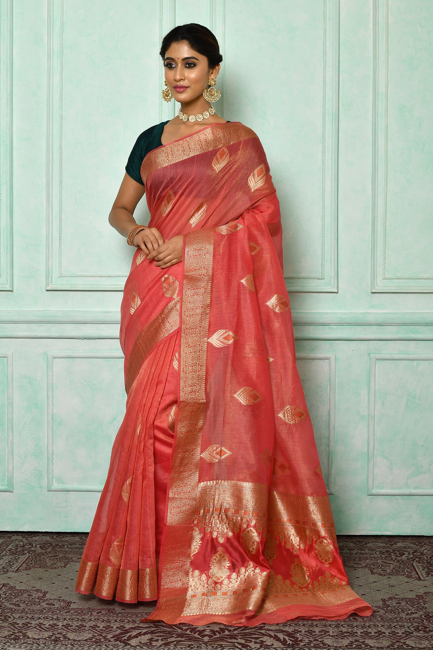 Buy Pink Soft Tissue Silk Woven Zari Work Leaf Pattern Saree For Women ...