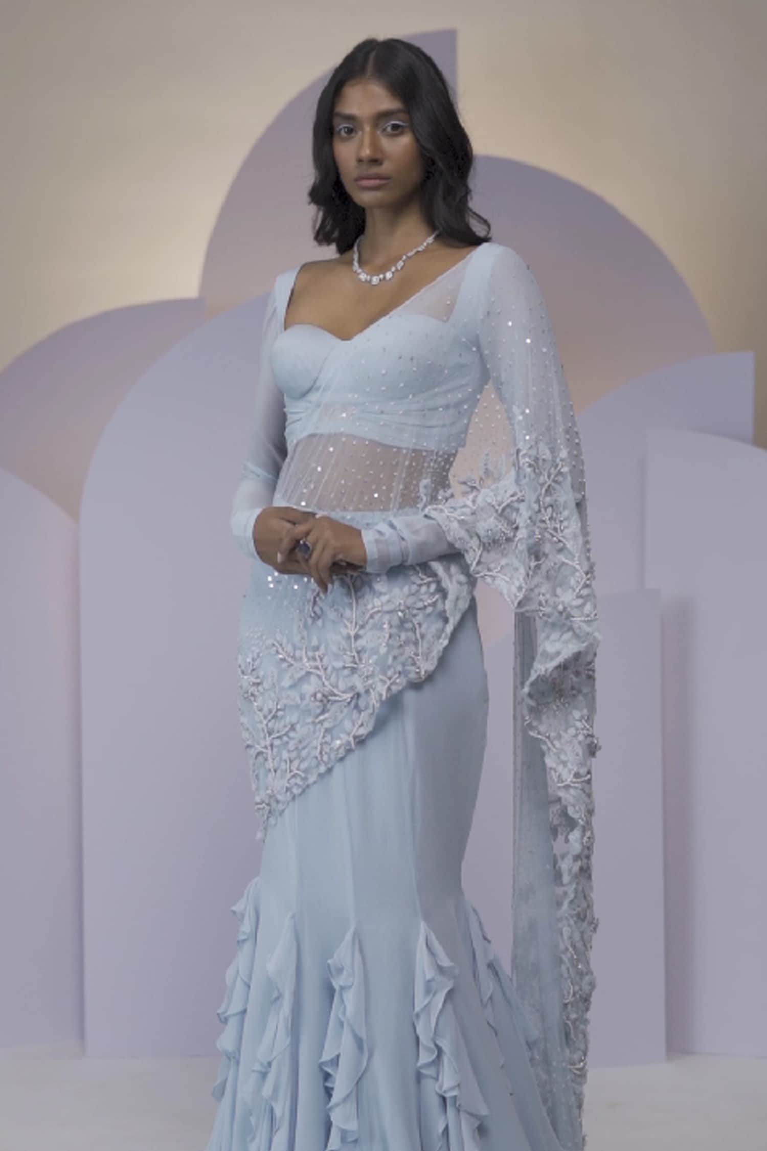 Buy_Shloka Khialani_Blue Georgette Christina Ruffle Pre-draped Saree With Crop Top_Online_at_Aza_Fashions