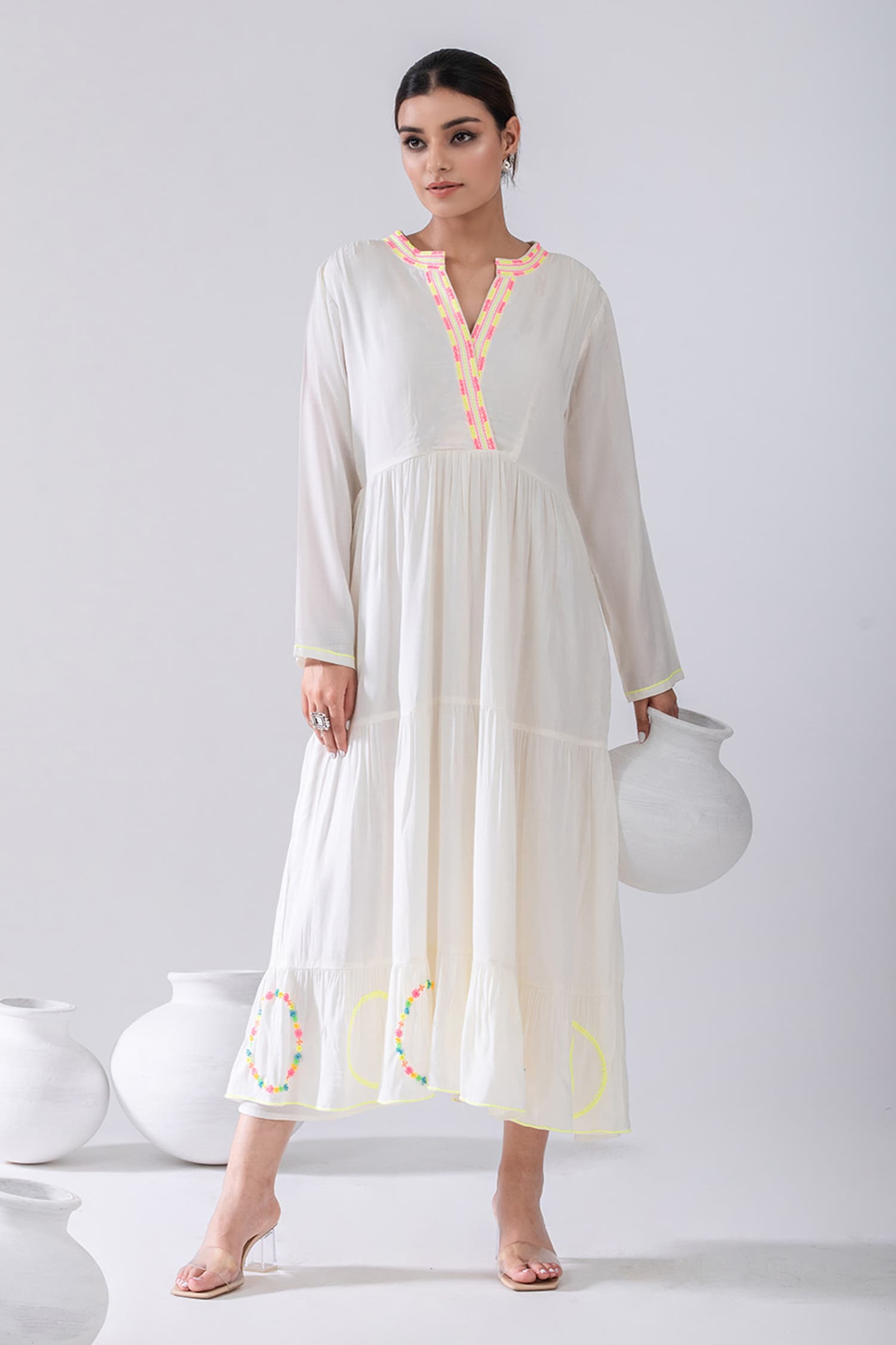 Buy Kacha Tanka Ivory Cotton Voile Spiral Thread Embroidered Midi Dress