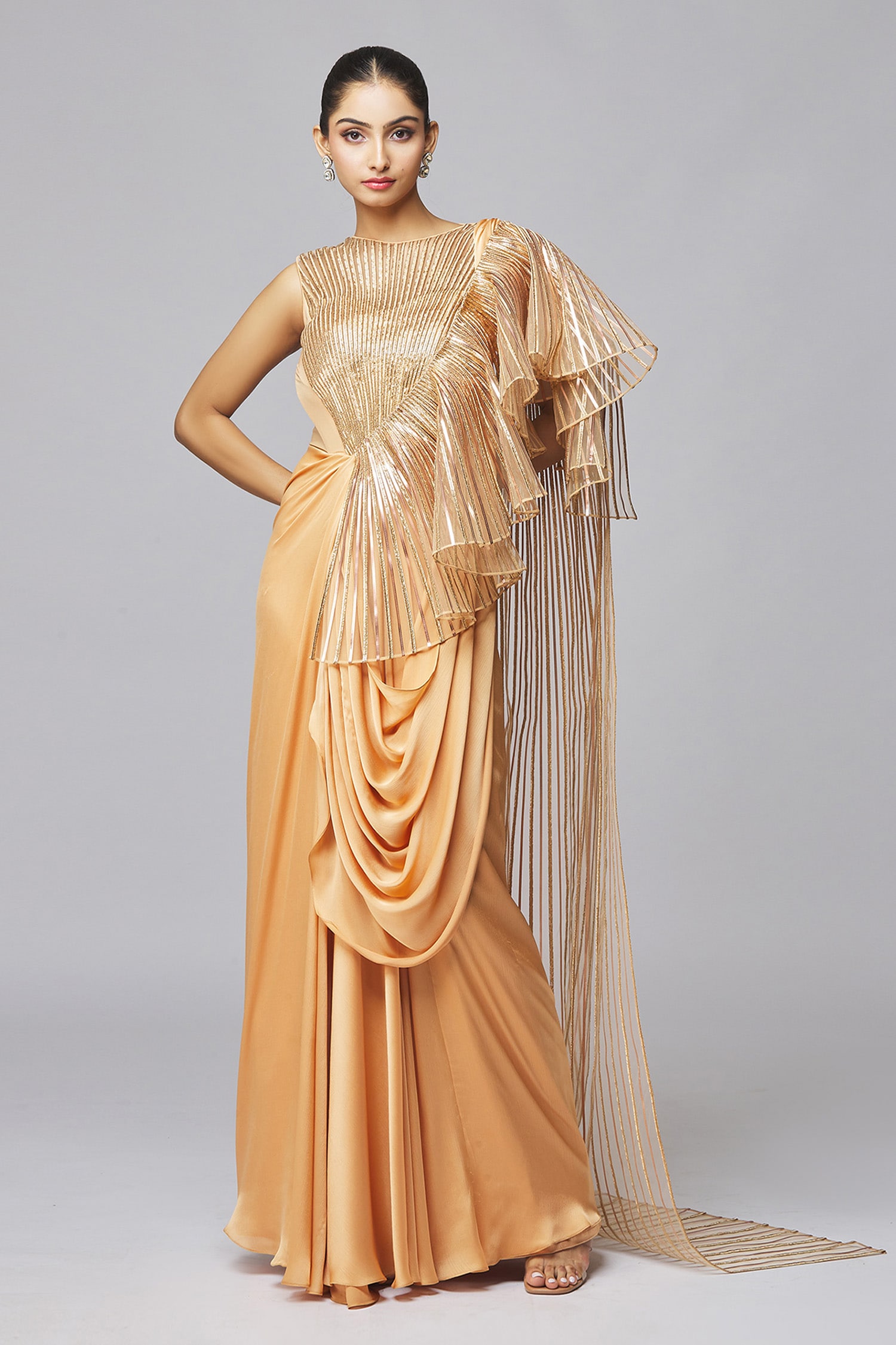 Buy Gold Chiffon Embroidered Striped Round Ruffle Gown For Women by ...