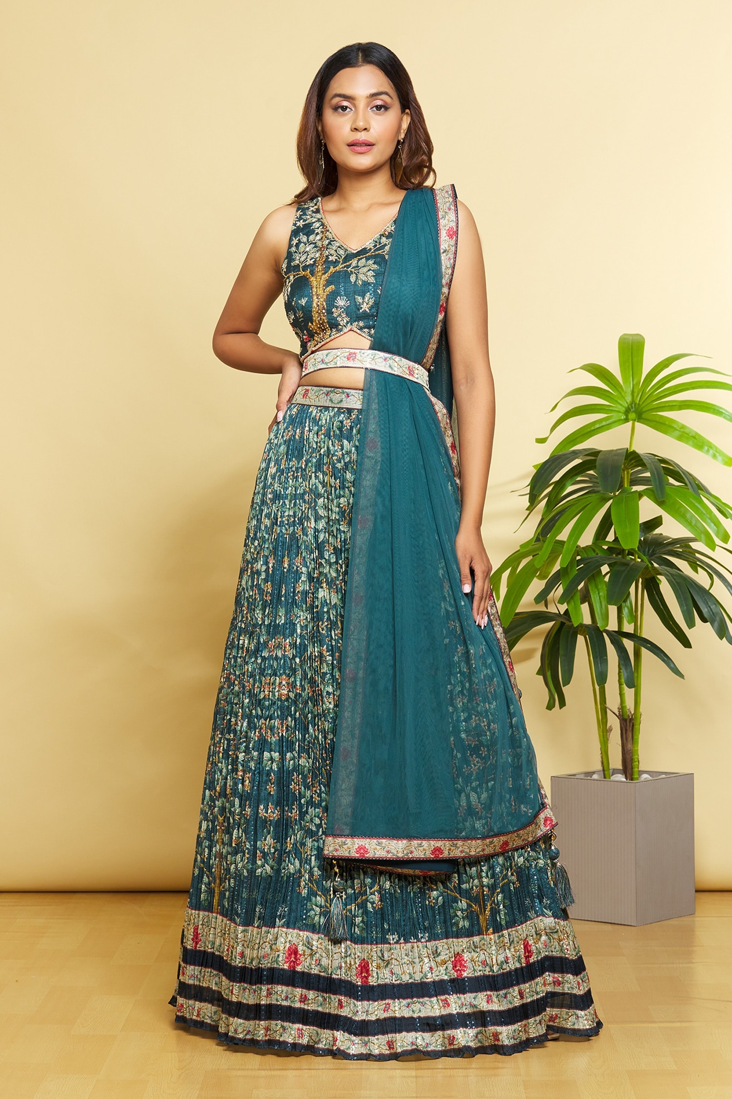 Buy Green Blouse And Lehenga Super Net Embroidered Floral V Neck Print Set For Women By Aryavir 3859