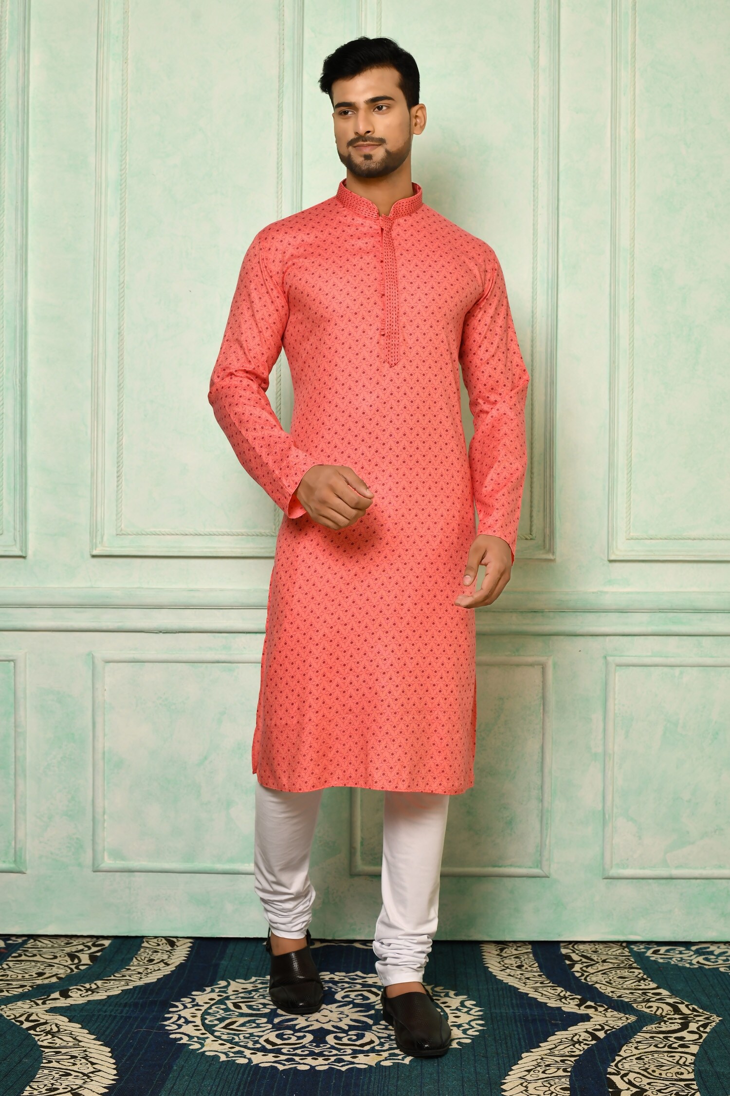 Buy Pink Cotton Floral Kurta Set For Men by Nazaakat by Samara Singh