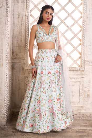 Vermilliion Botanique Lehenga With Embellished Bodysuit And Floral Applique Dupatta main image 1