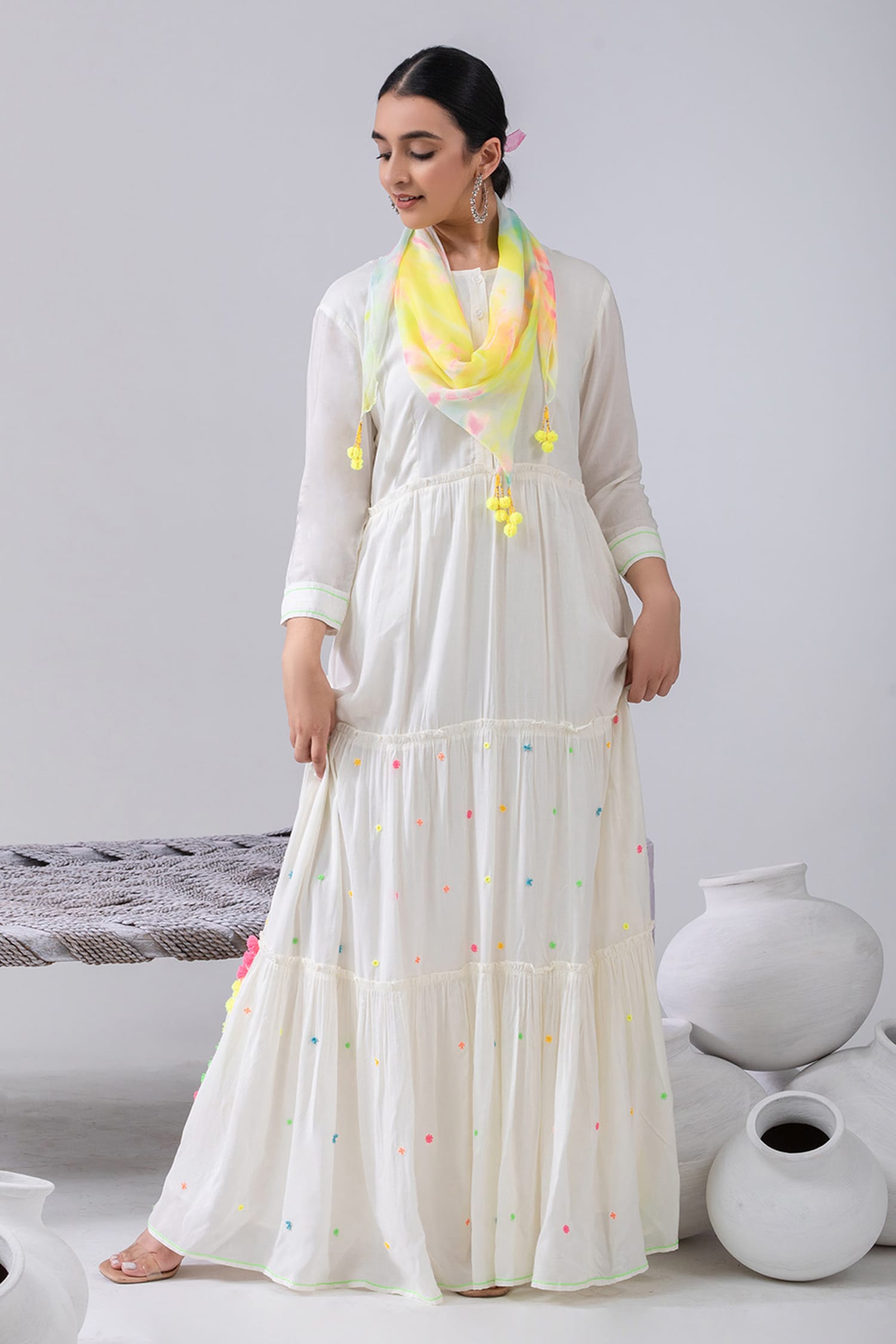 Buy Ivory Cotton Voile Embroidery Pom Comtesses Round Neck Thread Maxi