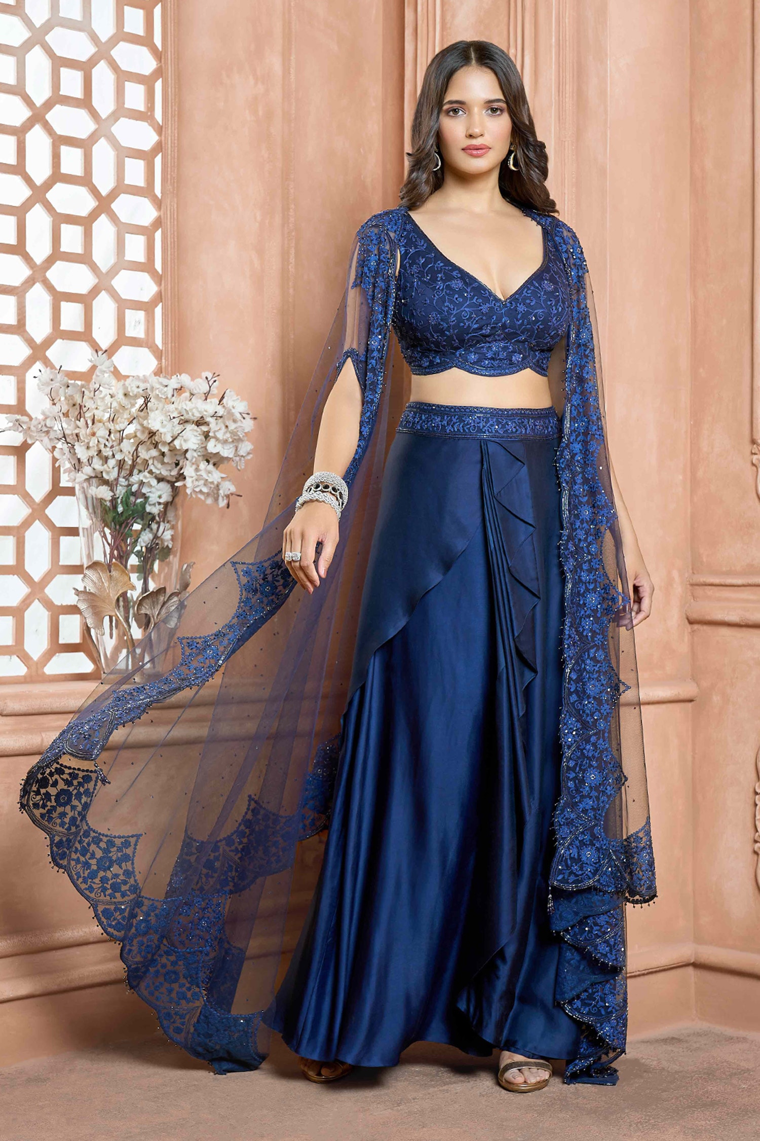 Buy Blue Hand Embroidered Floral Pattern Sheer Cape Draped Skirt Set