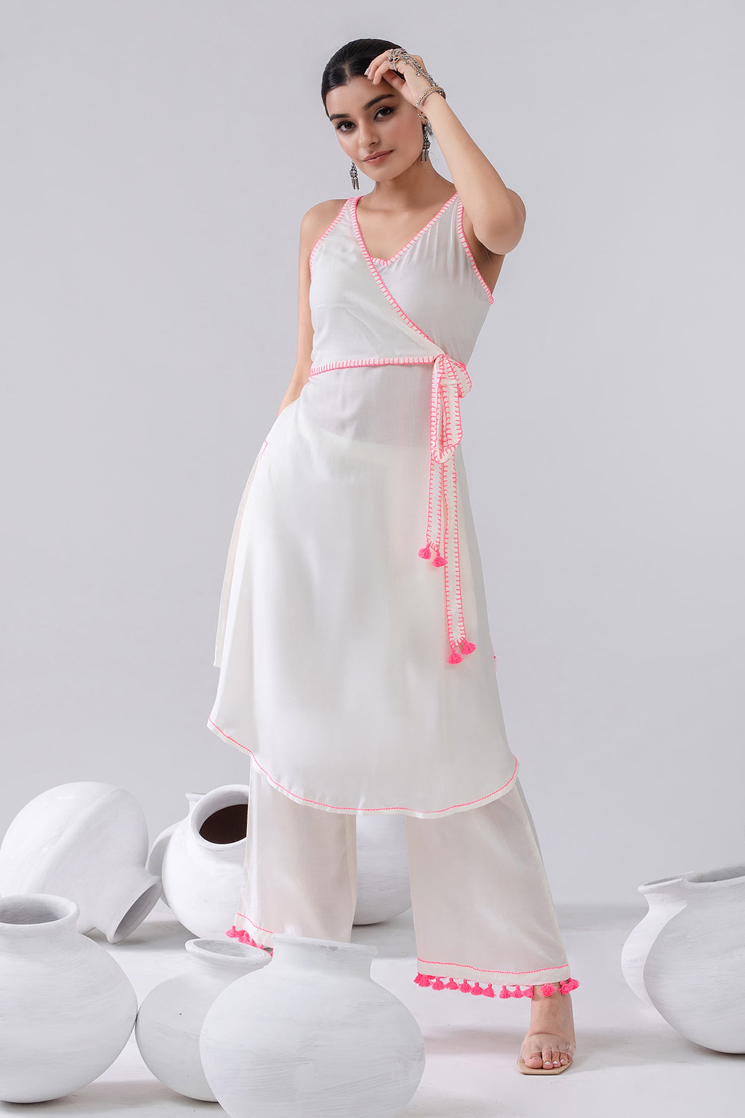 Buy Kacha Tanka Ivory Cotton Voile Thread Embroidered Wrap Kurta And