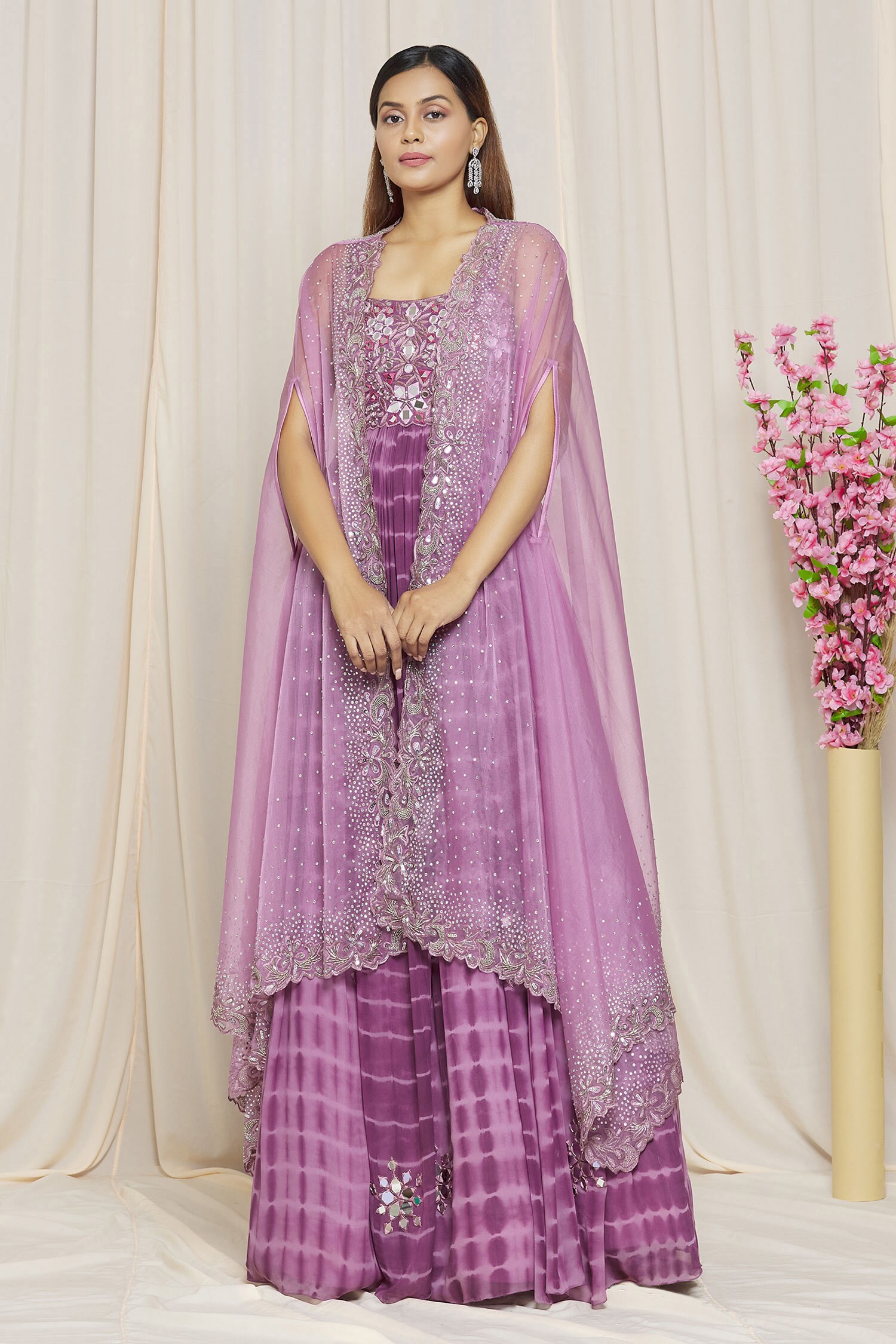 Yoshita Couture Purple Anarkali - Georgette With Shantoon Lining Liana Tie Dye Cape For Women