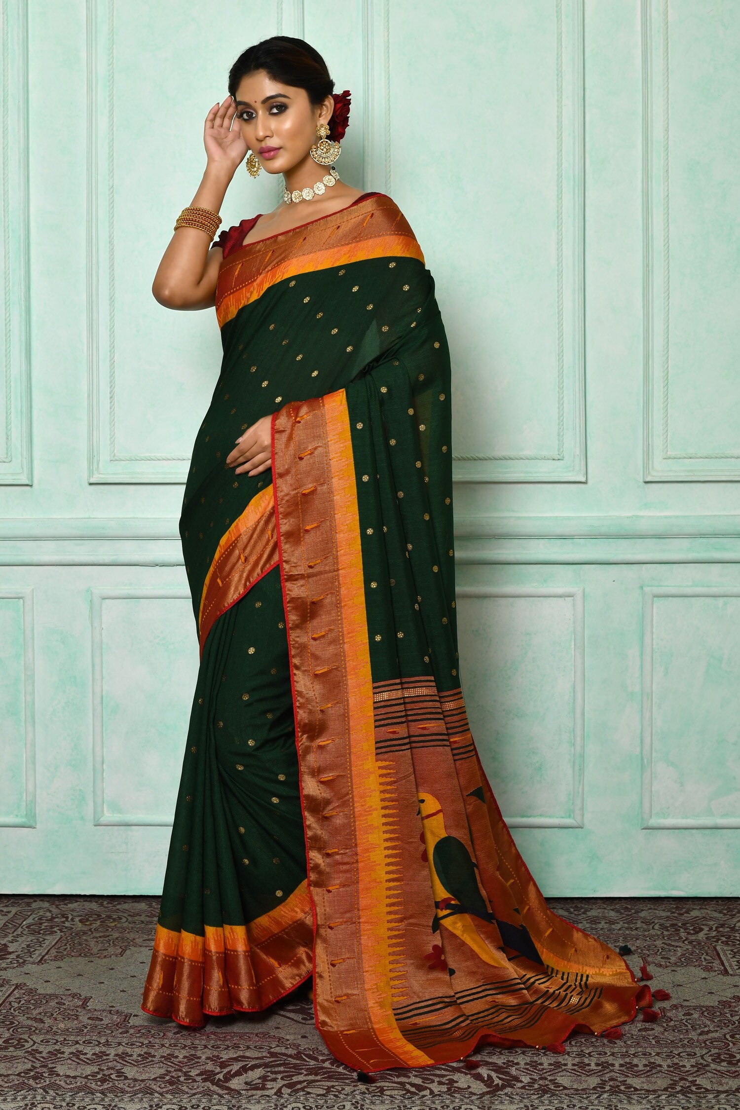 Buy Green Soft Brasso Silk Woven Zari Work Floral Pattern Saree For ...