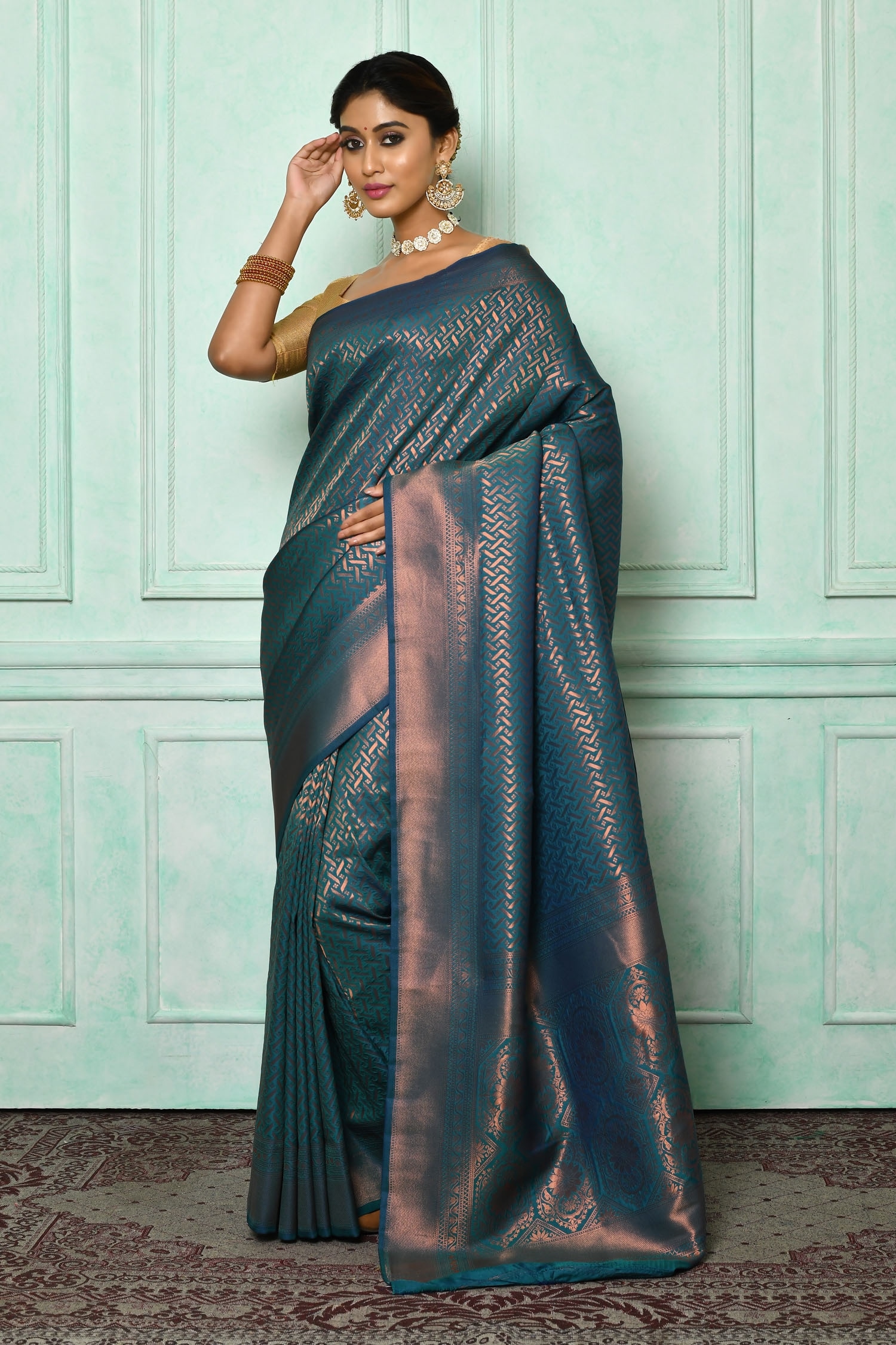 Buy Green Silk Woven Zari Work Geometric Pattern Saree For Women by ...