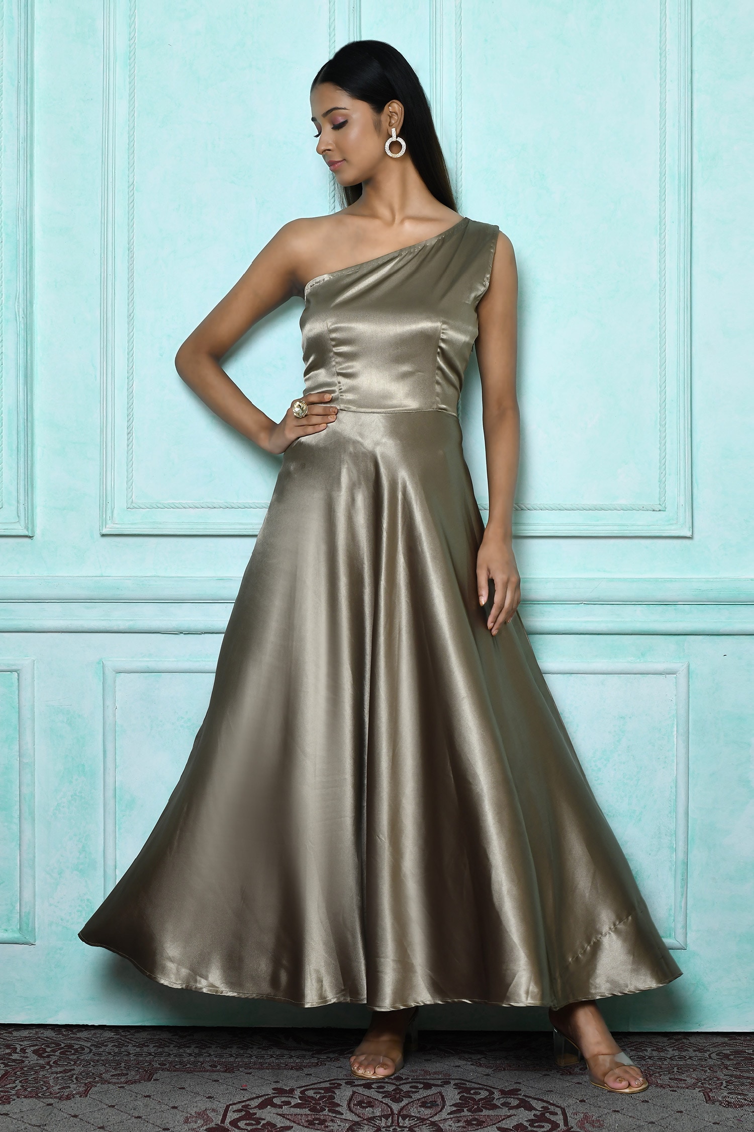 Naintara Bajaj - Gold Satin Plain One Shoulder Dress For Women