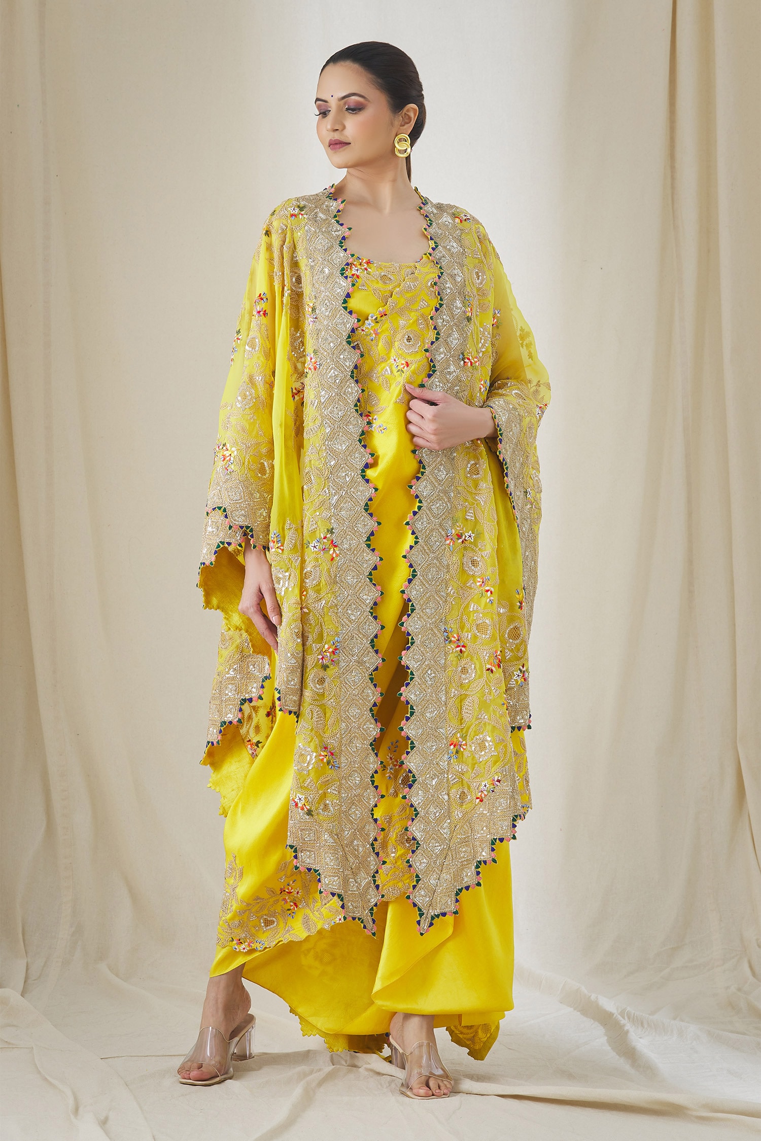Anamika Khanna Yellow Floral Embroidered Cape And Draped Skirt Set
