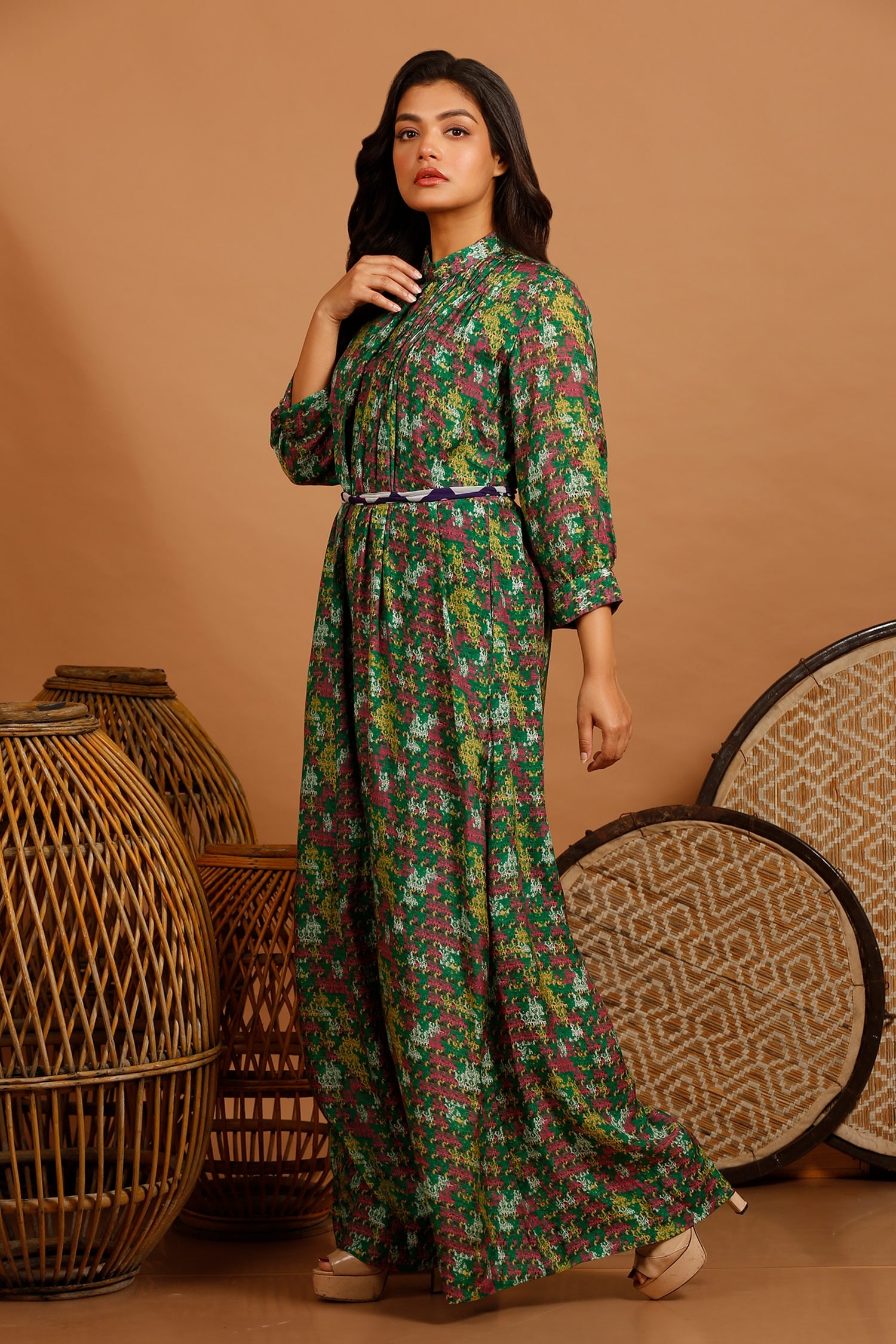 Buy Garo Green Silk Muslin Printed Jumpsuit With Belt Online | Aza Fashions