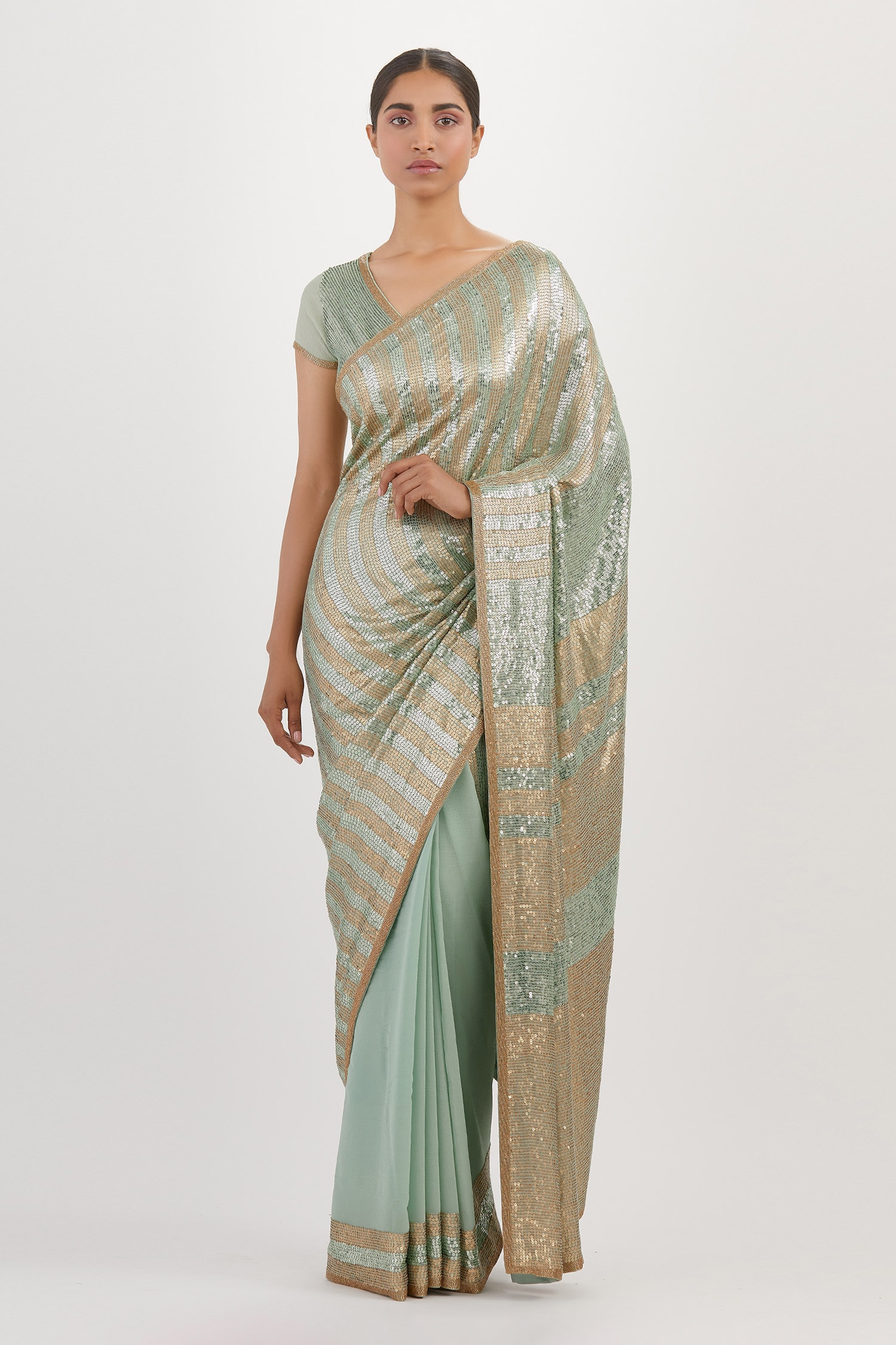 Buy Nakul Sen Blue Chiffon Sequin Embroidered Saree With Blouse Online ...