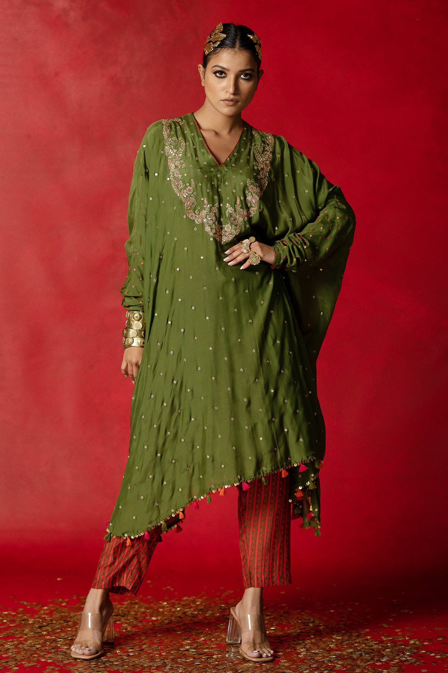 Buy Pooja-Keyur Green Cotton Silk Embroidered Kaftan Tunic And Pant Set ...