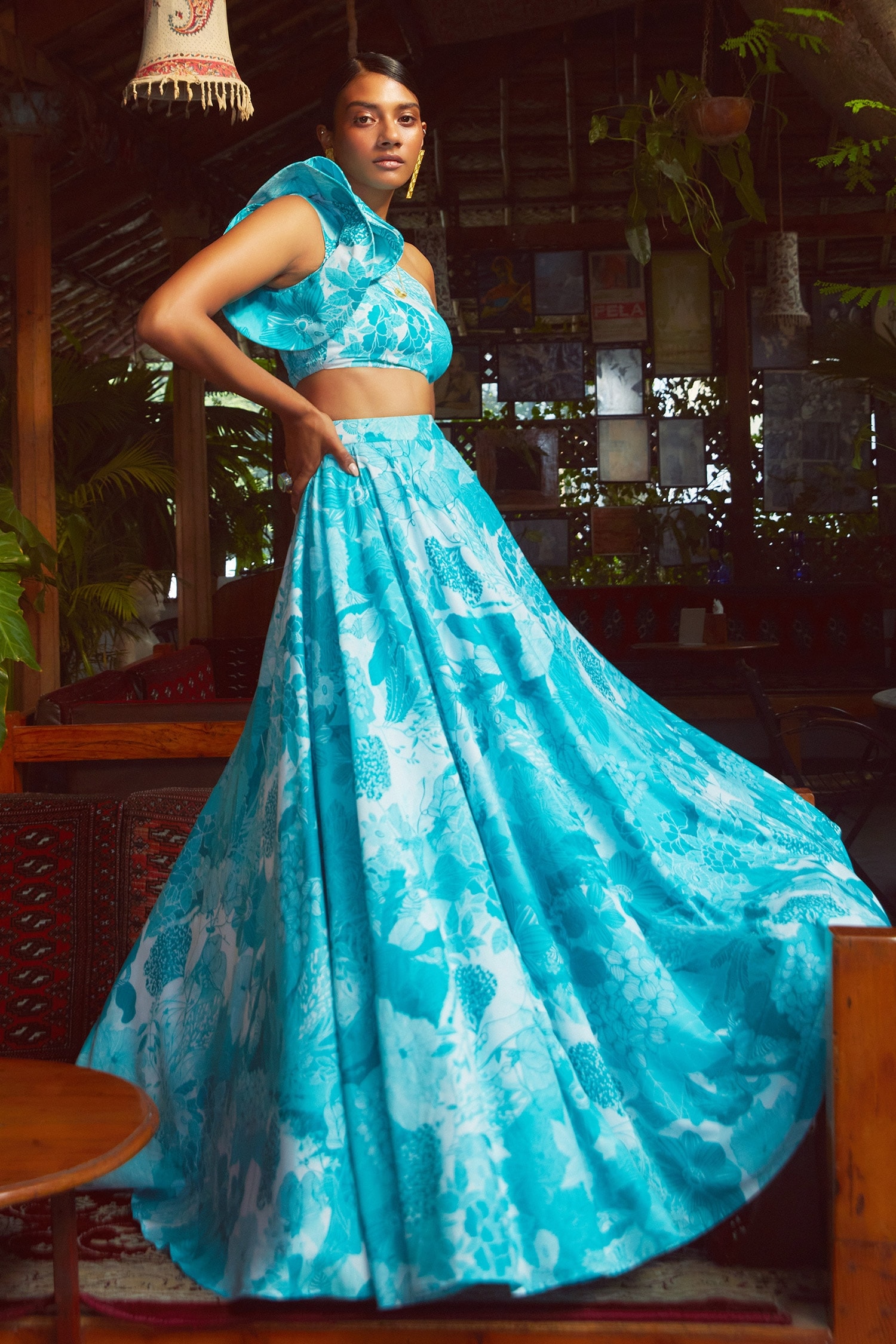 Ankita Dharman Blue Crepe Tiffany Lehenga And Ruffle Blouse Set
