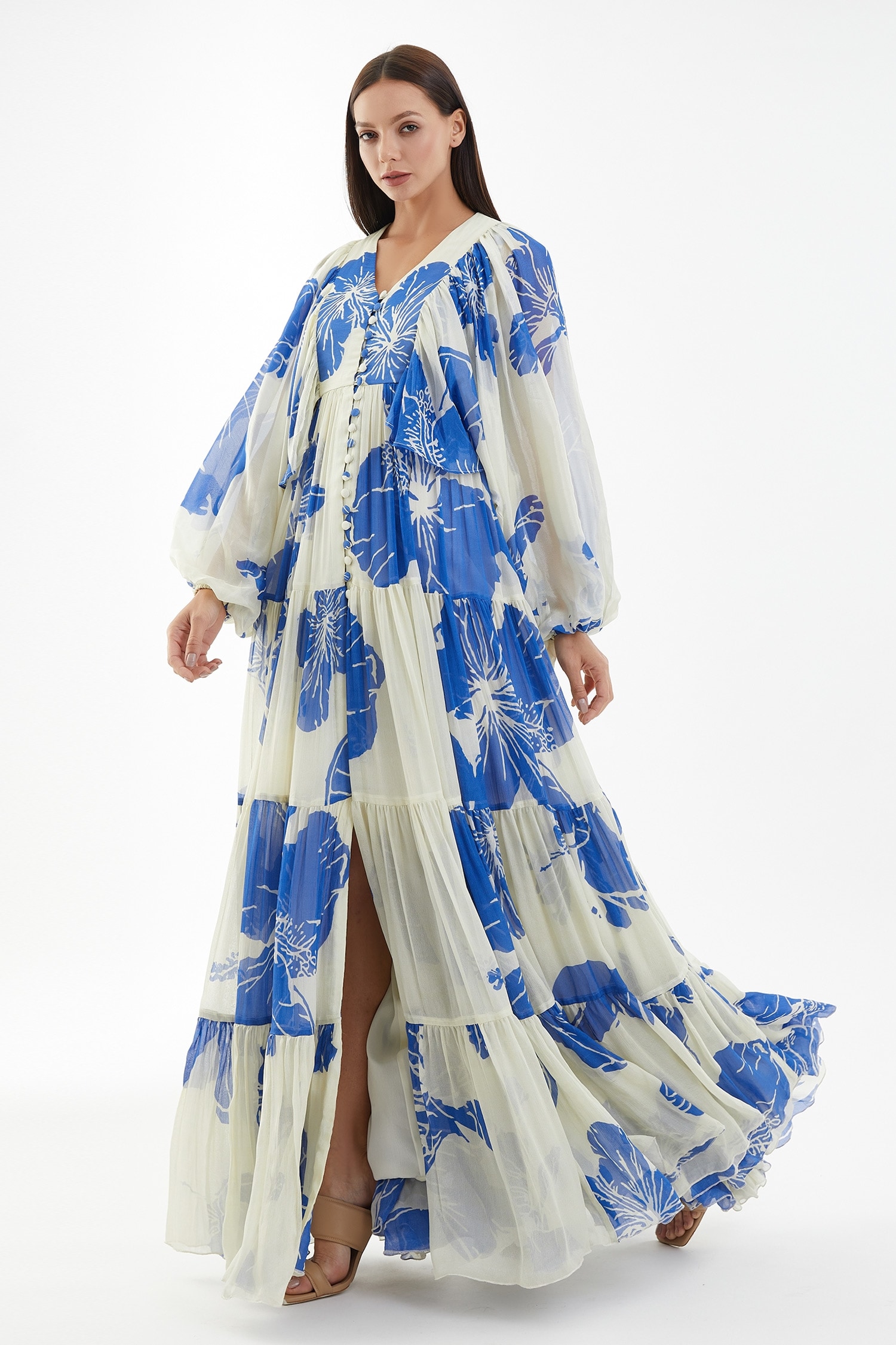 Buy Blue Chiffon Floral V Neck Balloon Sleeve Dress For Women by