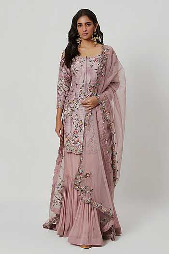 Women's Pink Georgette Foil Printed Short Kurta with Sharara