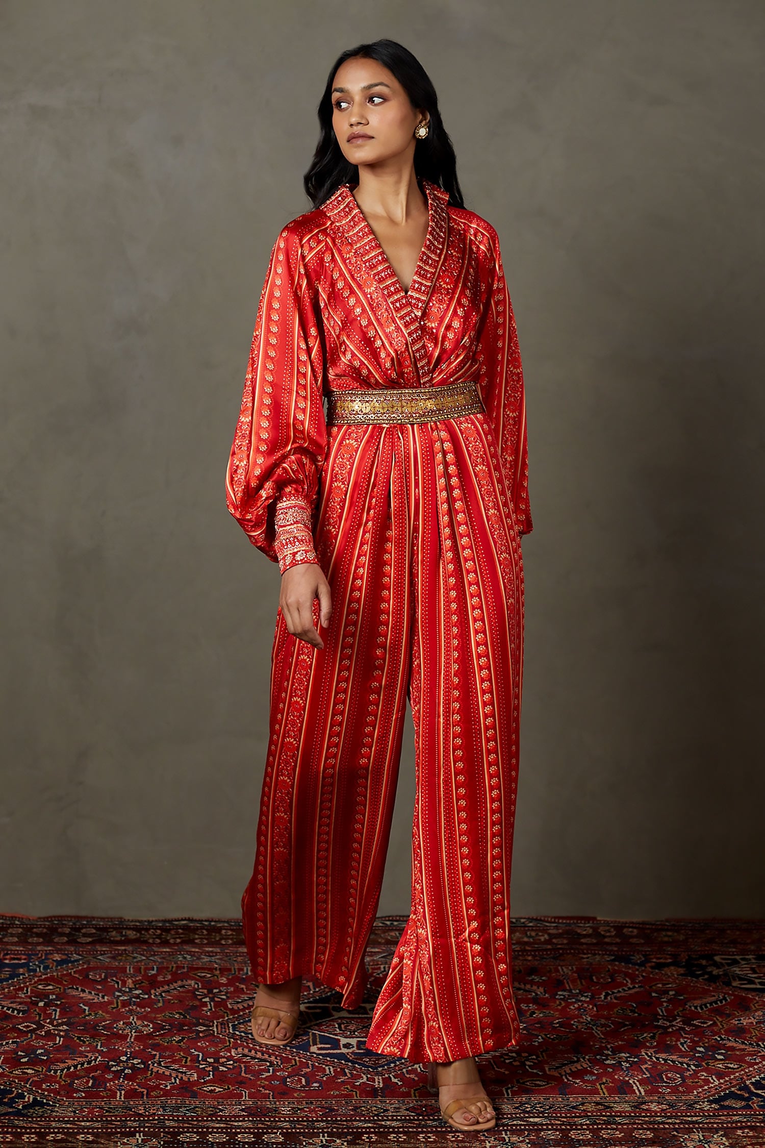 Buy Red Viscose Printed Zardozi Shawl Kylie Floral Embroidered Jumpsuit ...
