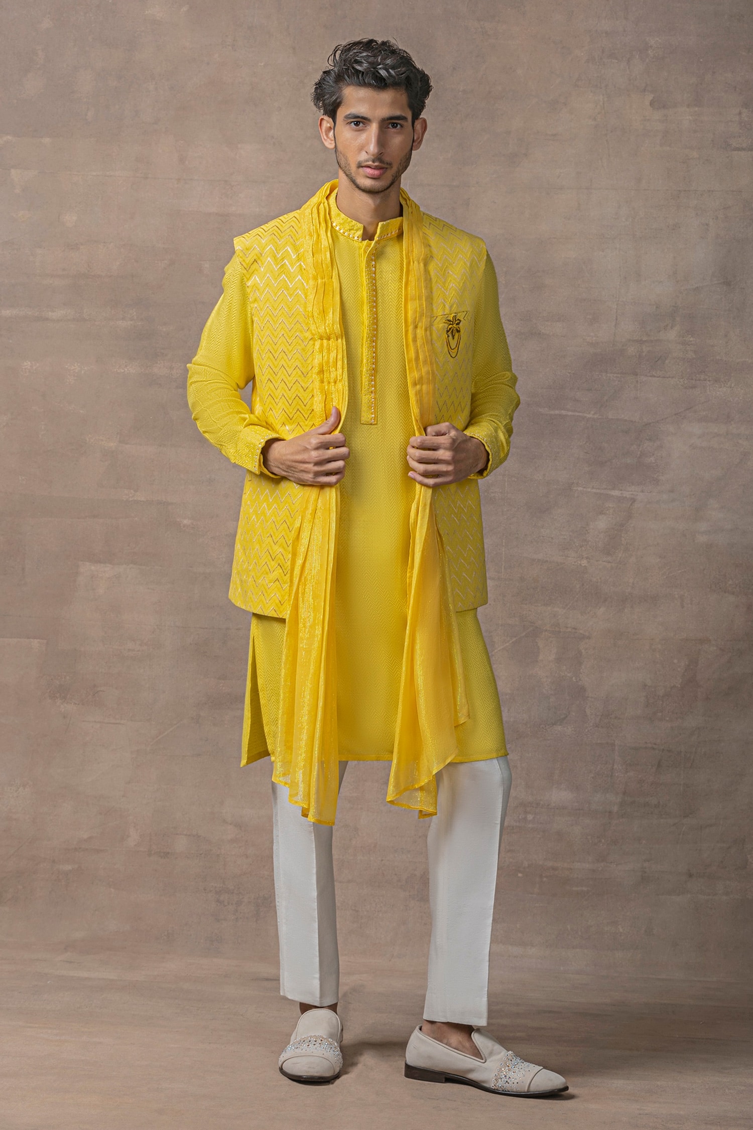 Buy Yellow Moss Crepe Chevon Patterns Draped Waist Coat And Kurta Set