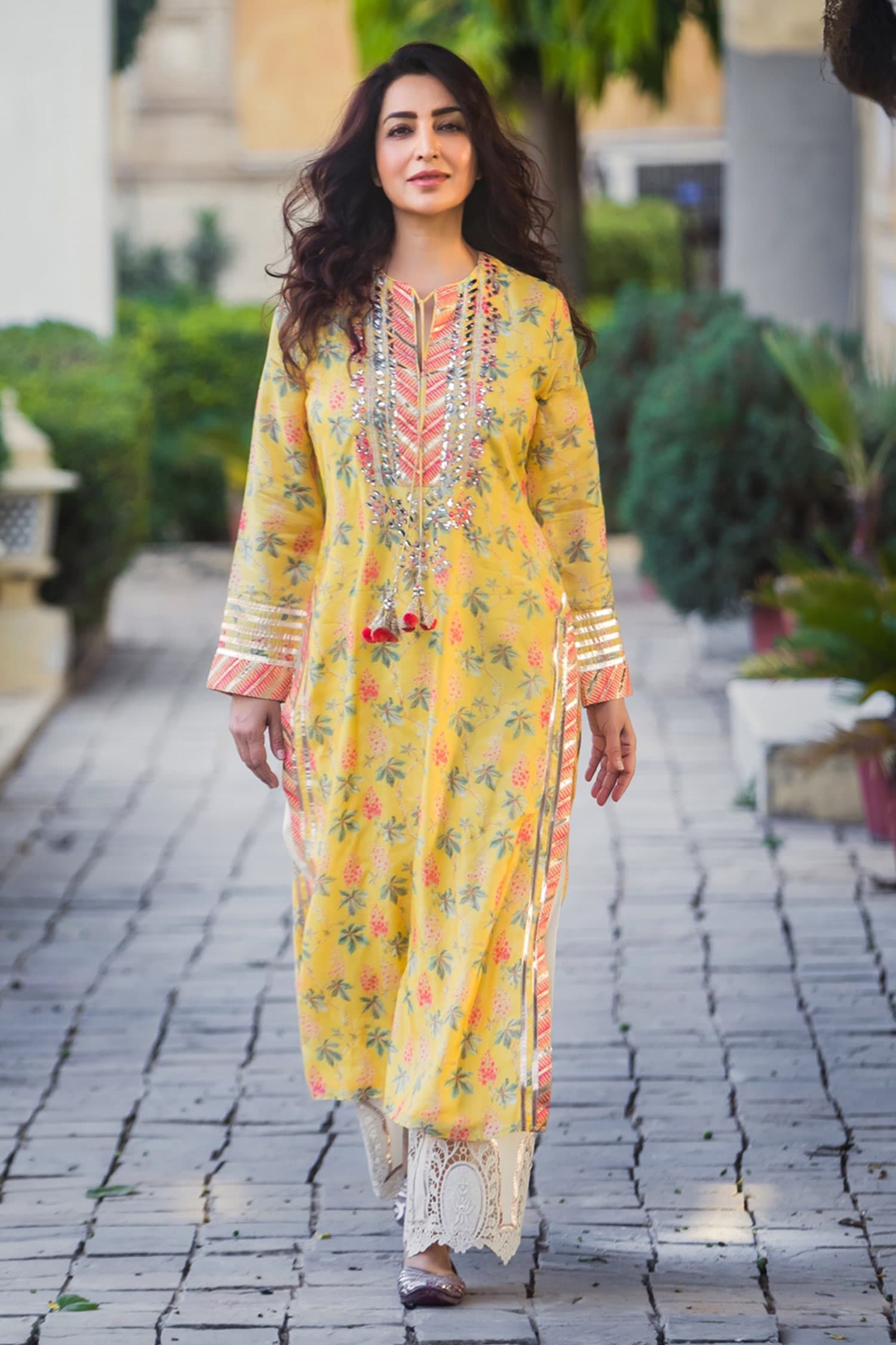 Gopi Vaid Yellow Cotton Silk Print Floral Round Neck Radha Bloom Tunic For Women