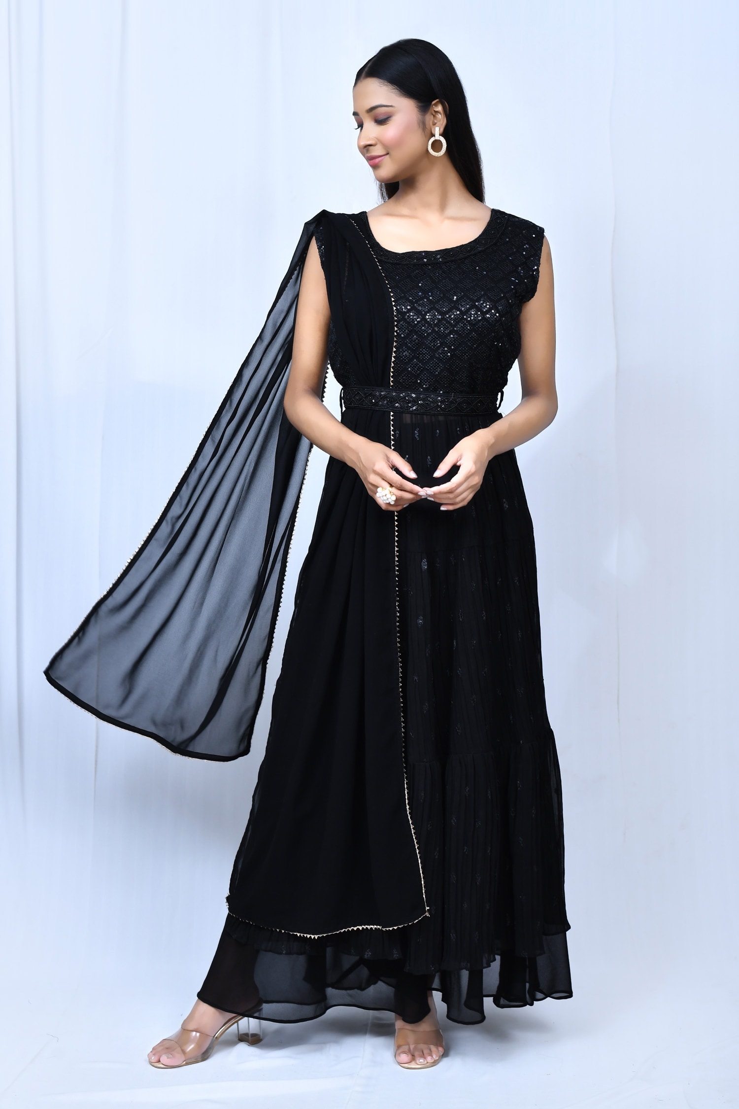Buy Nazaakat by Samara Singh Black Georgette Silk Sequin Embroidered ...