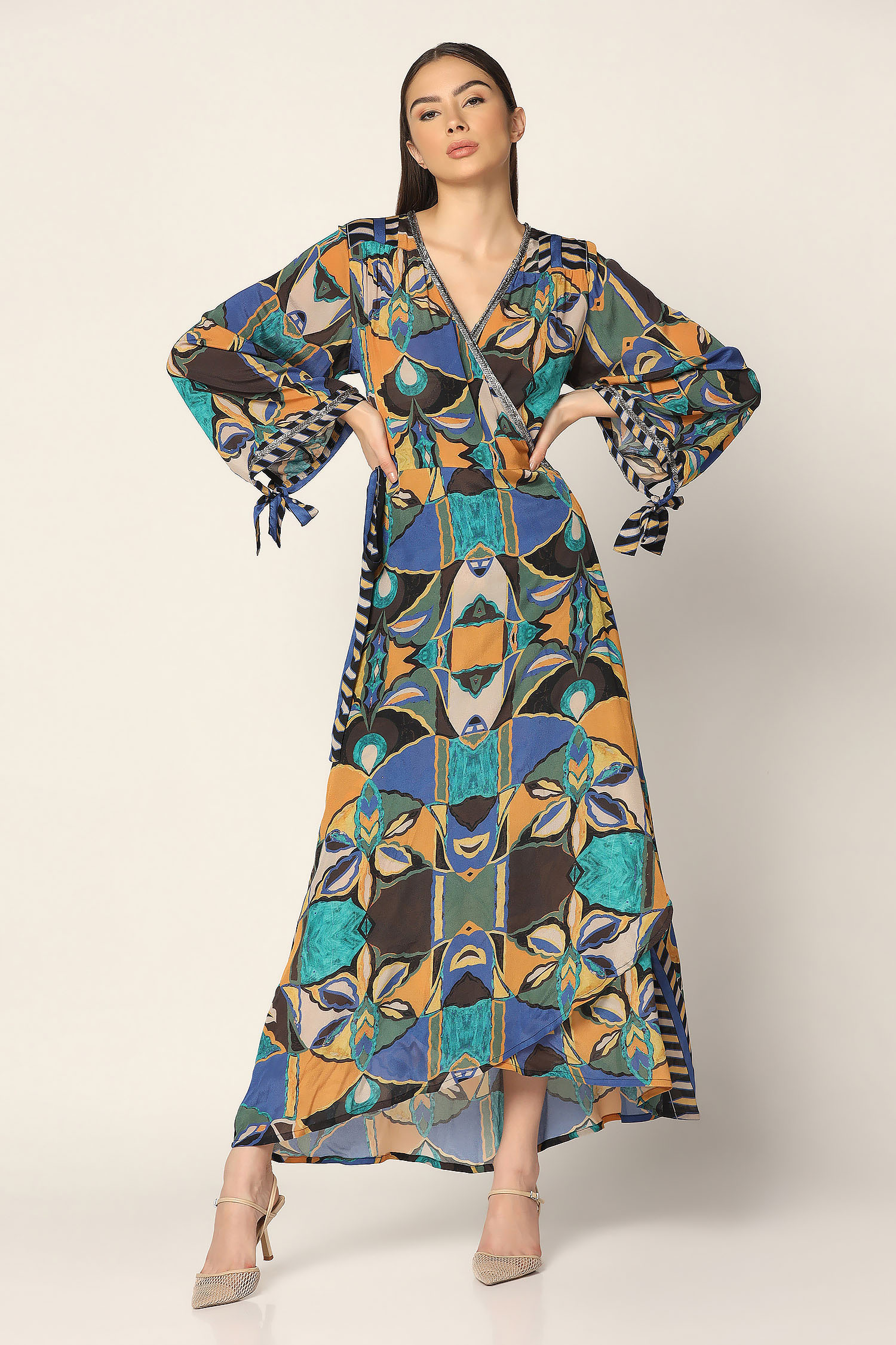 Buy Blue Crepe Printed Geometric Deep V Neck Wrap Up Dress For Women by