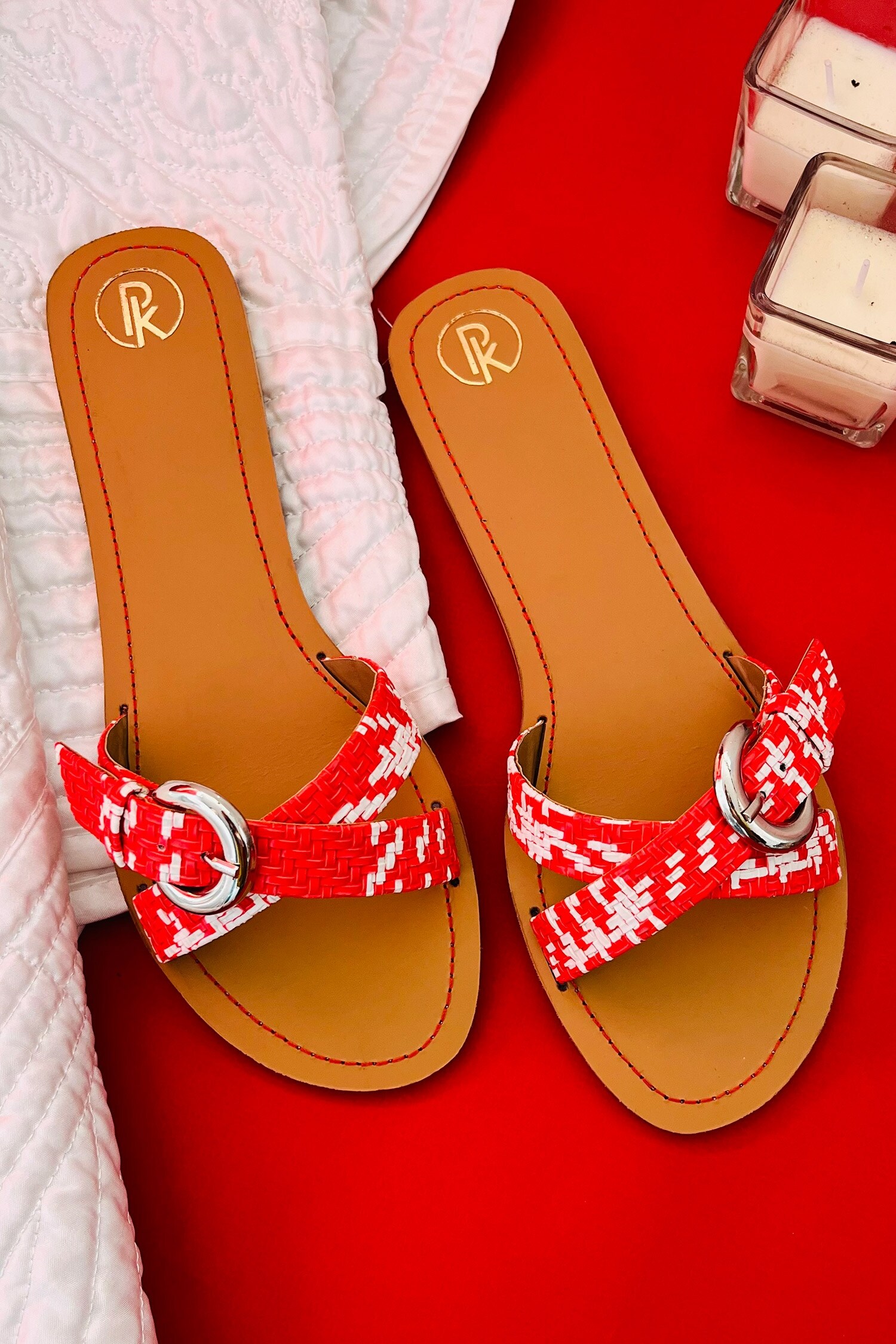 Buy Red Faux Leather Cross Strap Buckle Flats by PREET KAUR Online at