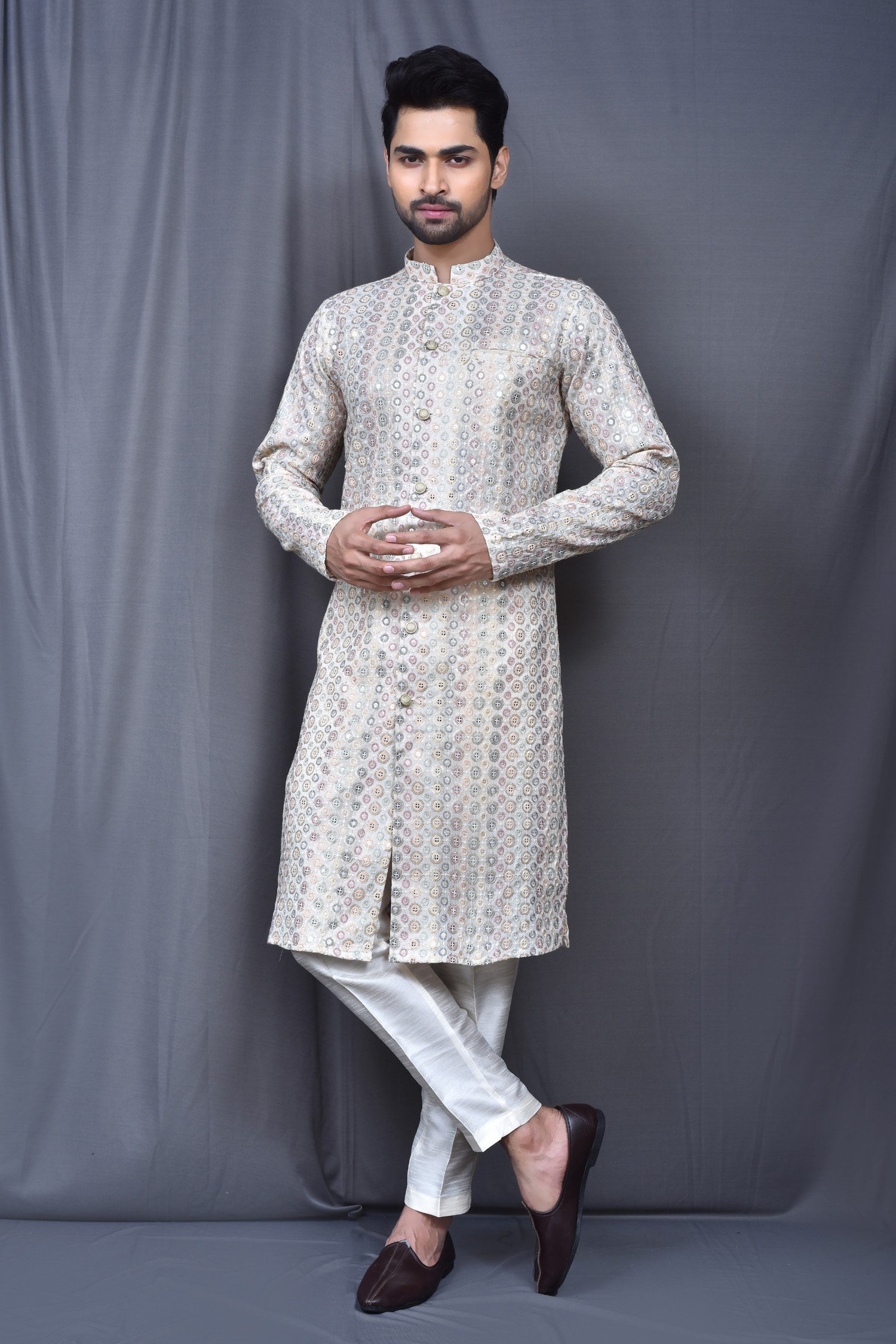 Adara Khan Multi Color Kurta: Cotton Embroidered Sequin Work Set For Men
