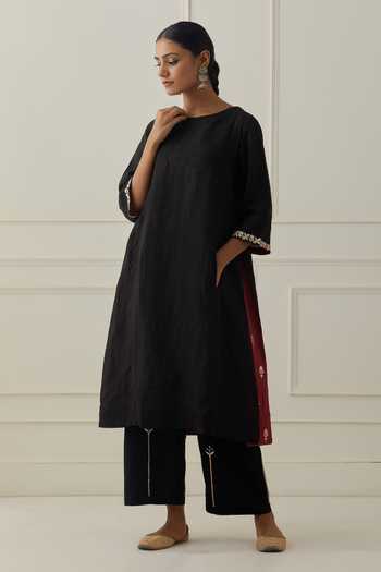 Black Linen Kurta Jacket Set With Thread Resham Work main image 0