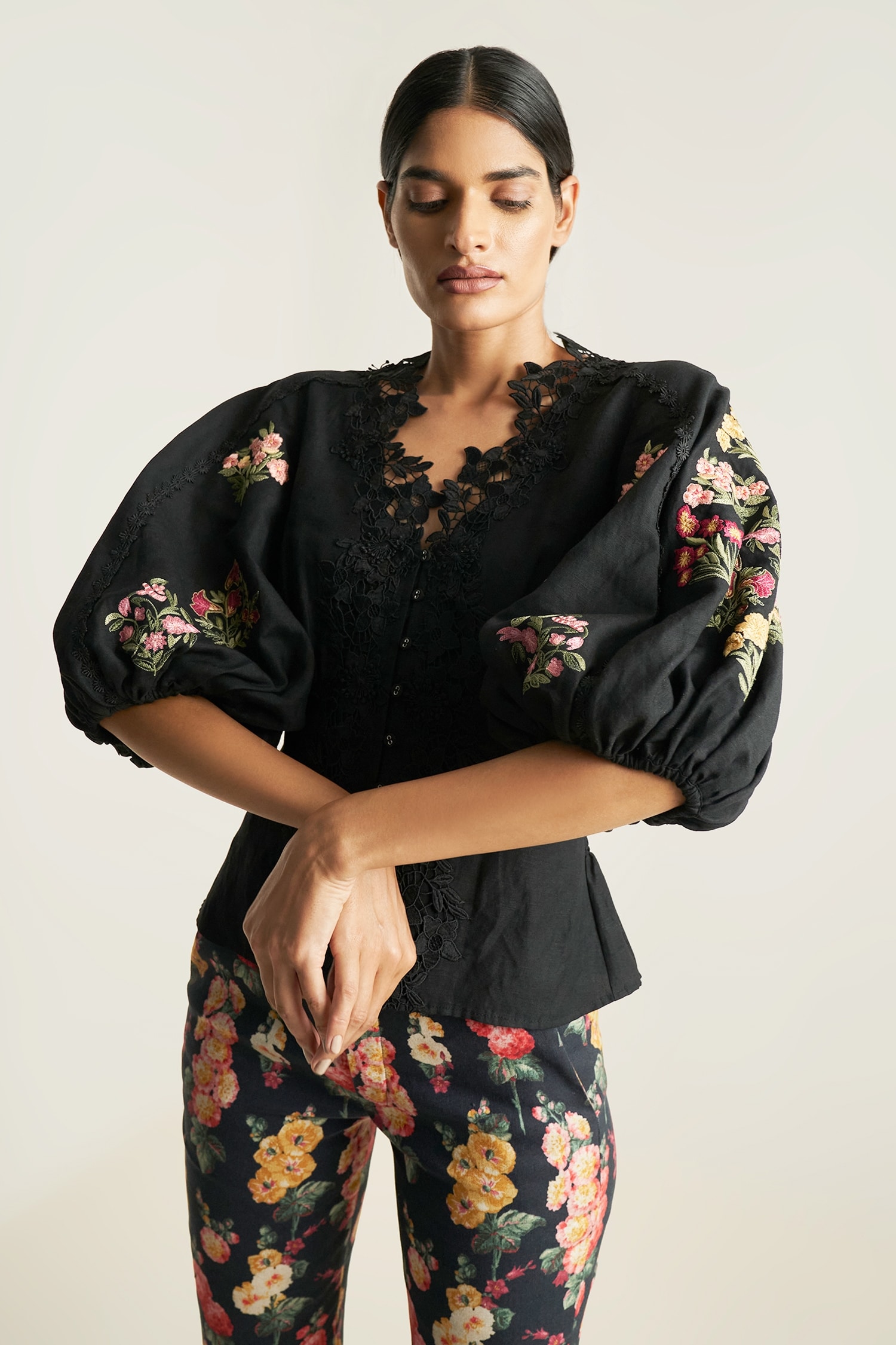 Buy Black Viscose Linen Embroidery Floral V Neck Balloon Sleeve Top For