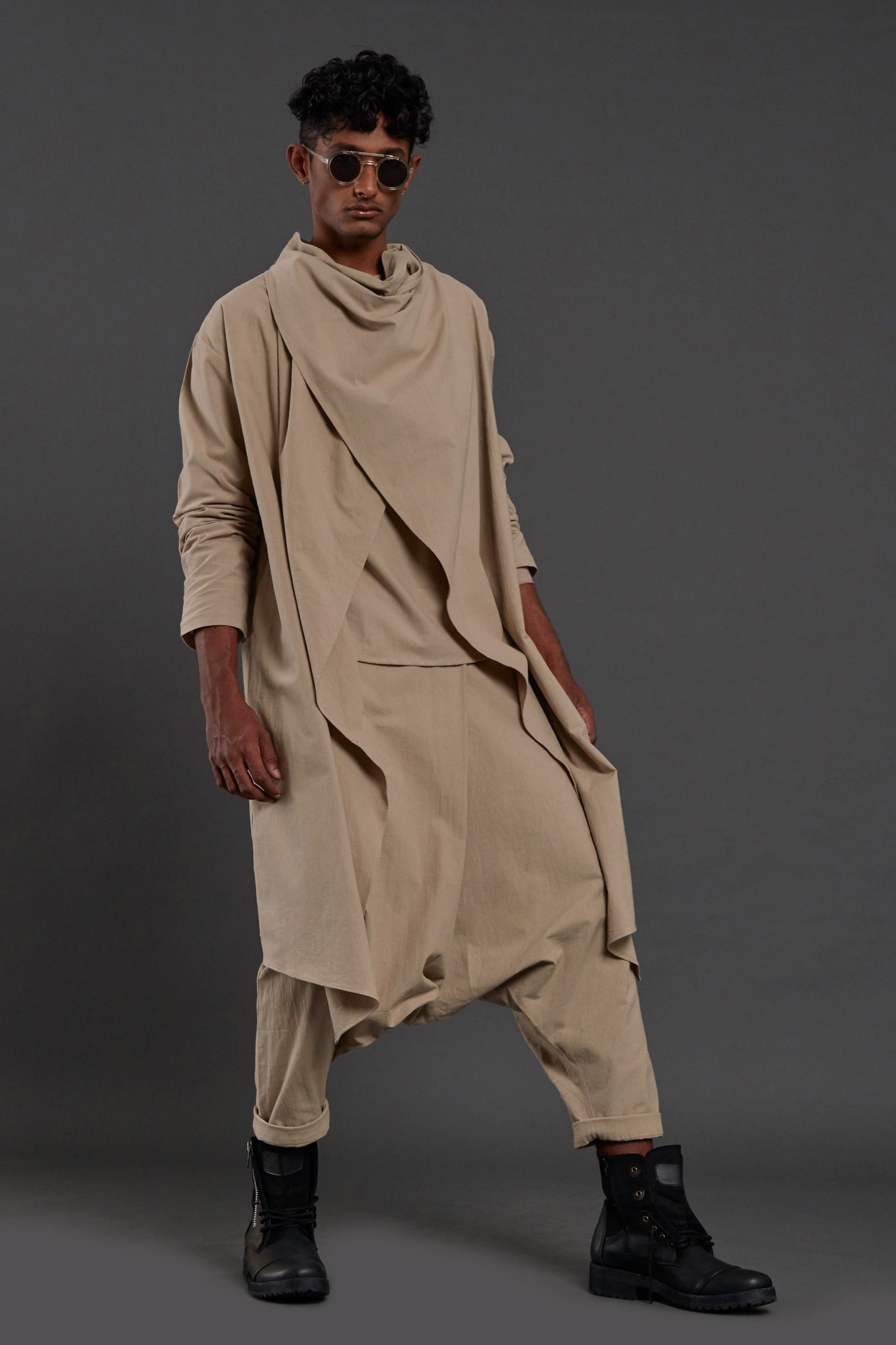 Buy Mati Beige Cotton Draped Jacket Online | Aza Fashions
