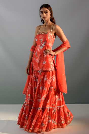 Women Red Floral Peplum Kurta With Sharara Pants main image 1